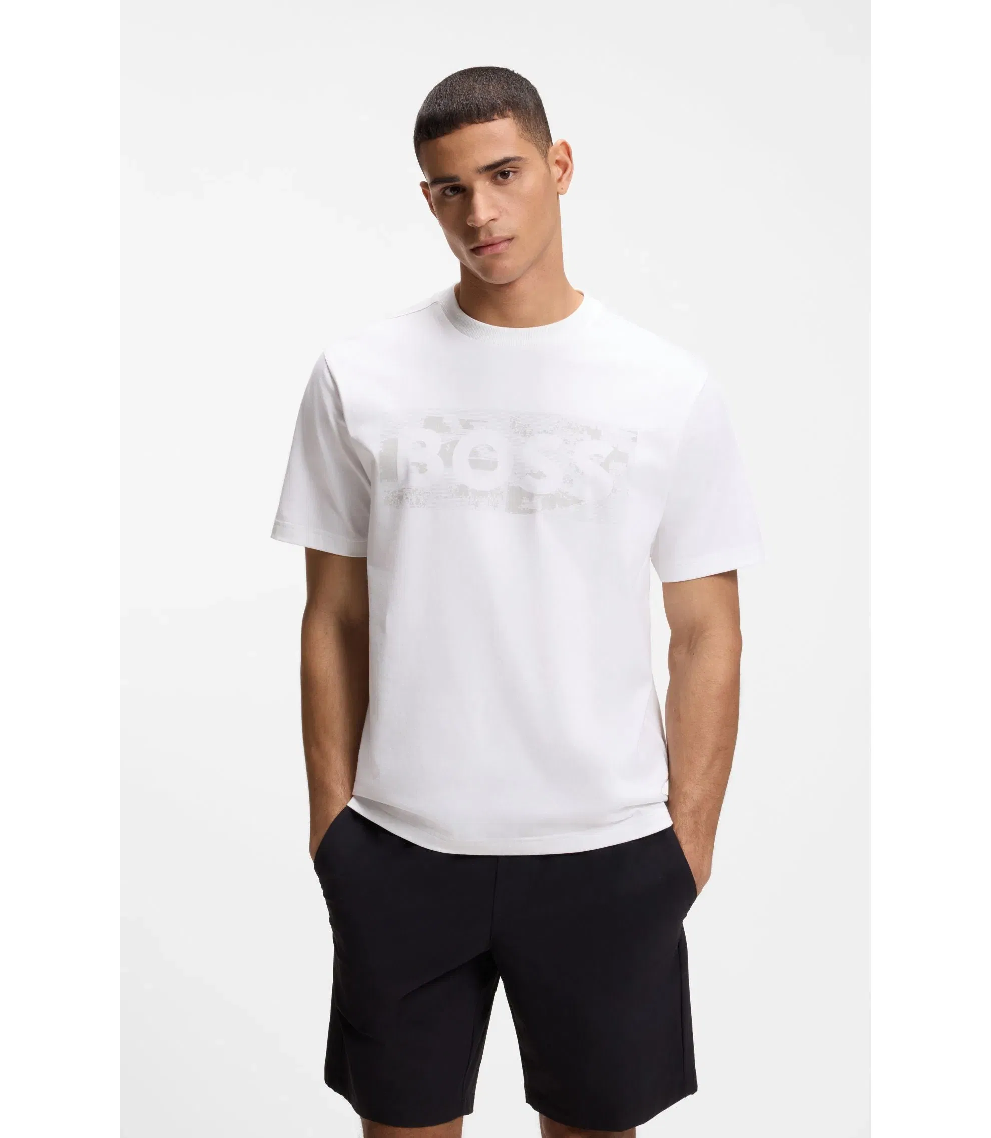 Boss Logo Artwork T-Shirt In Stretch Cotton White