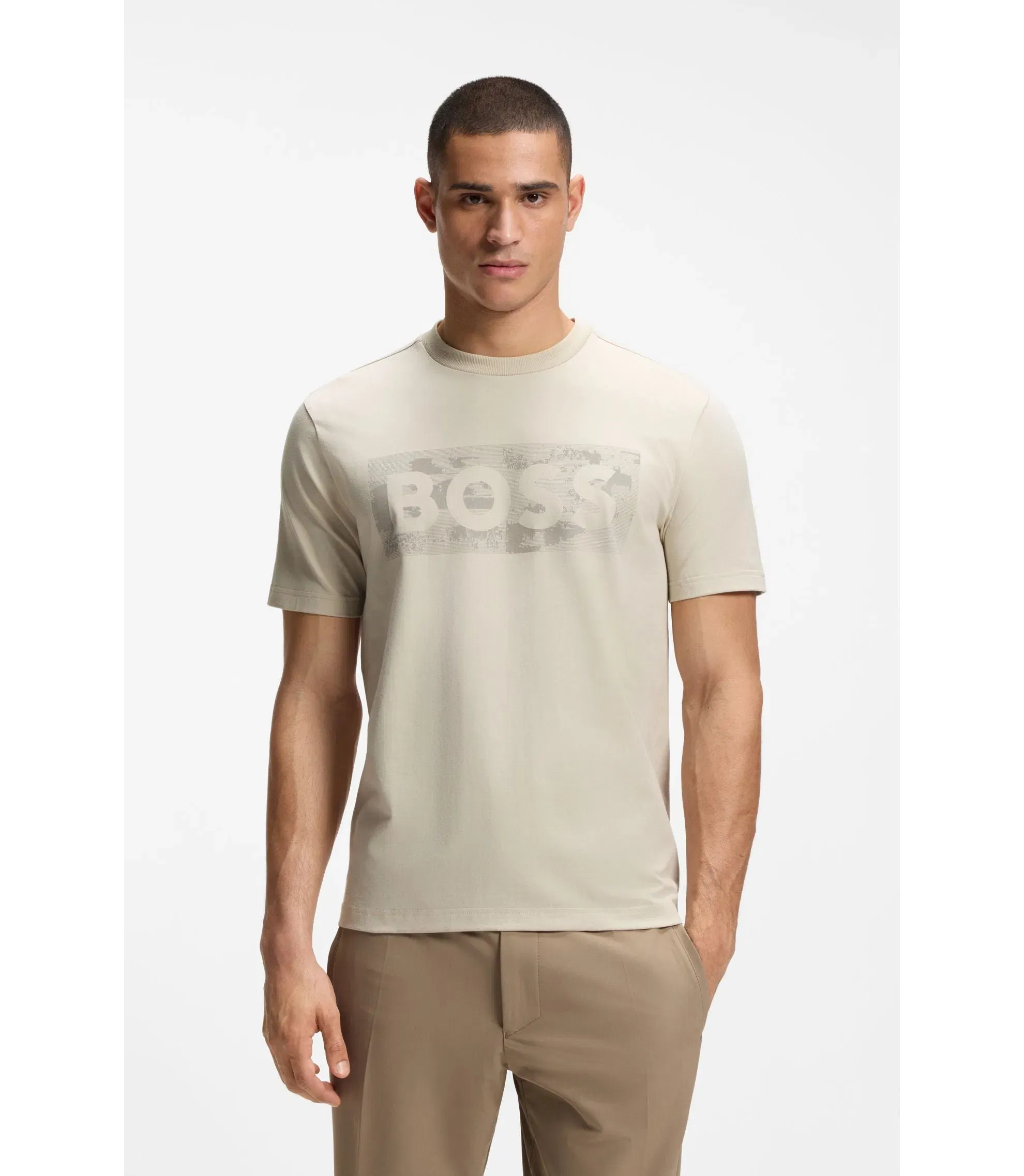 Boss Logo Artwork T-Shirt In Stretch Cotton Light Beige