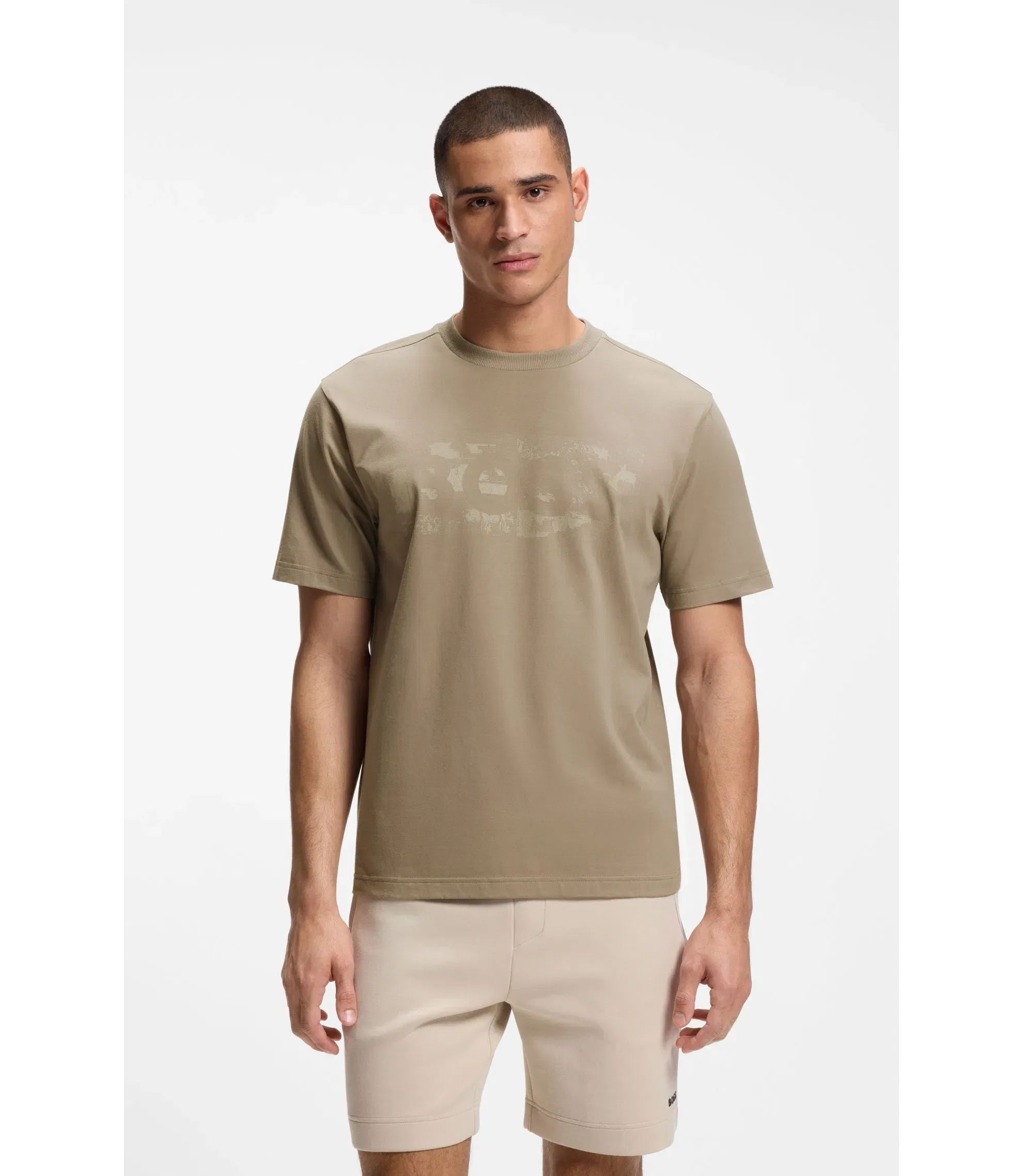 Boss Logo Artwork T-Shirt In Stretch Cotton Light Green