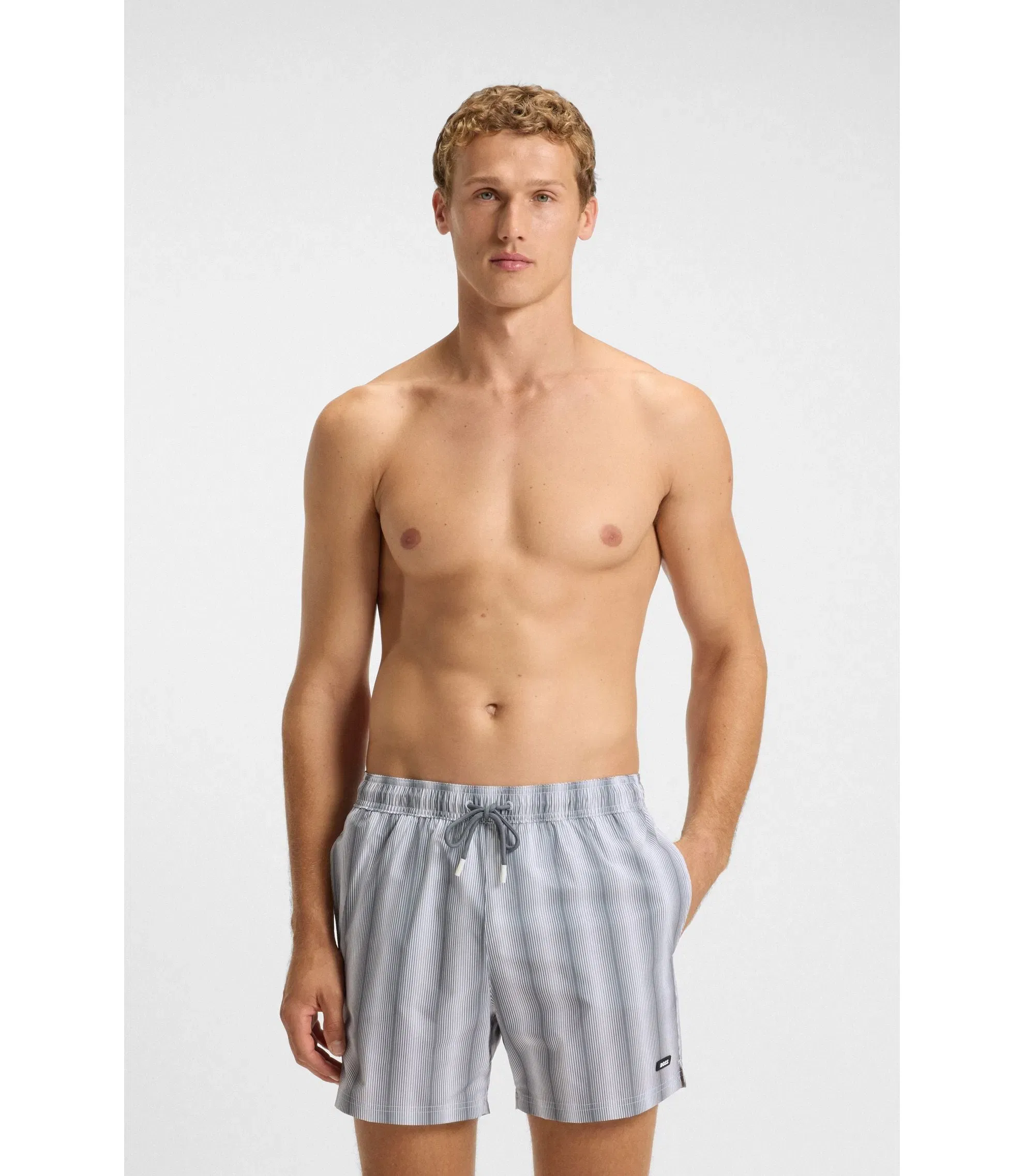 Boss Logo Badge Swim Shorts With Stripe Dark Grey