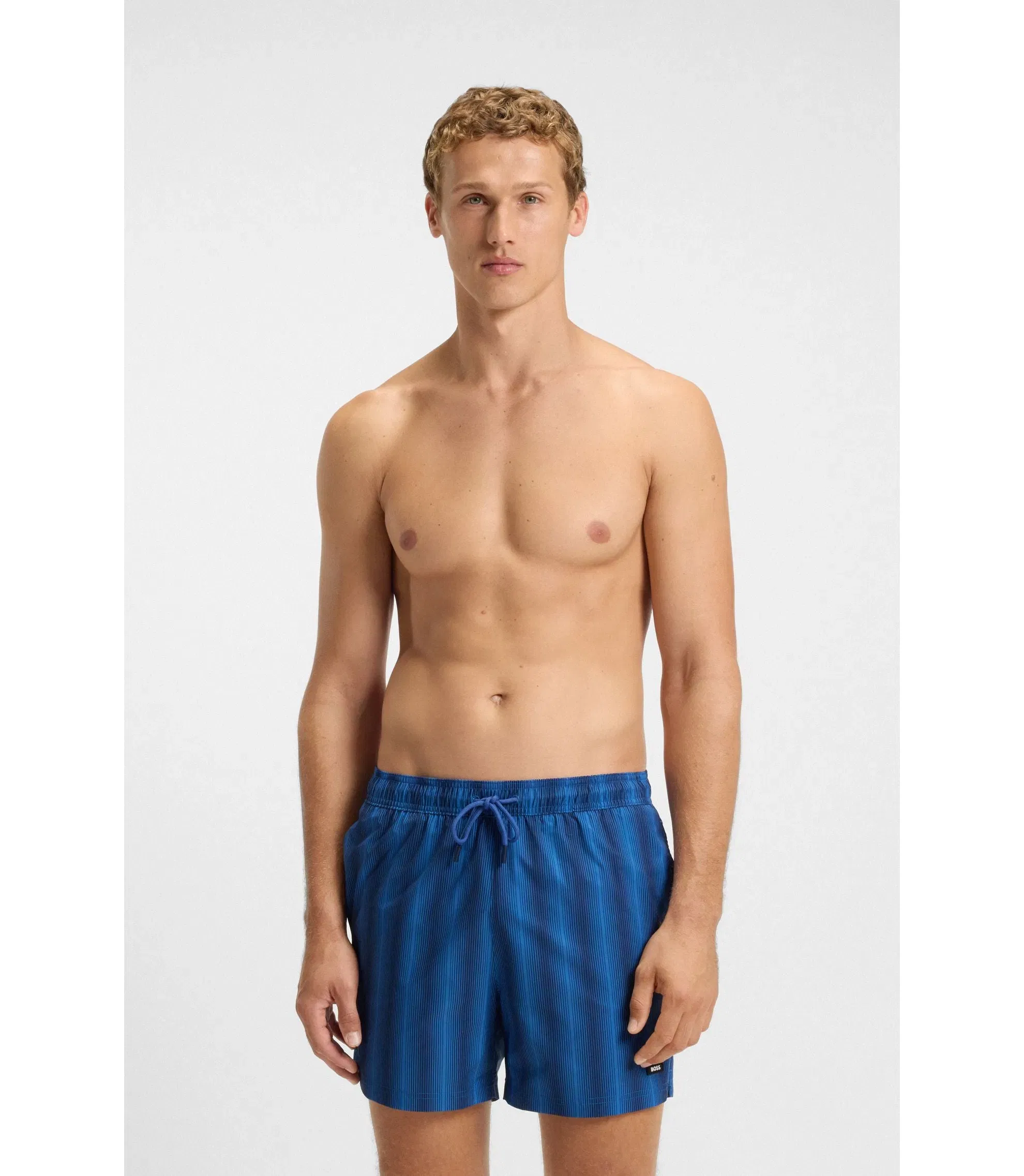 Boss Logo Badge Swim Shorts With Stripe Blue