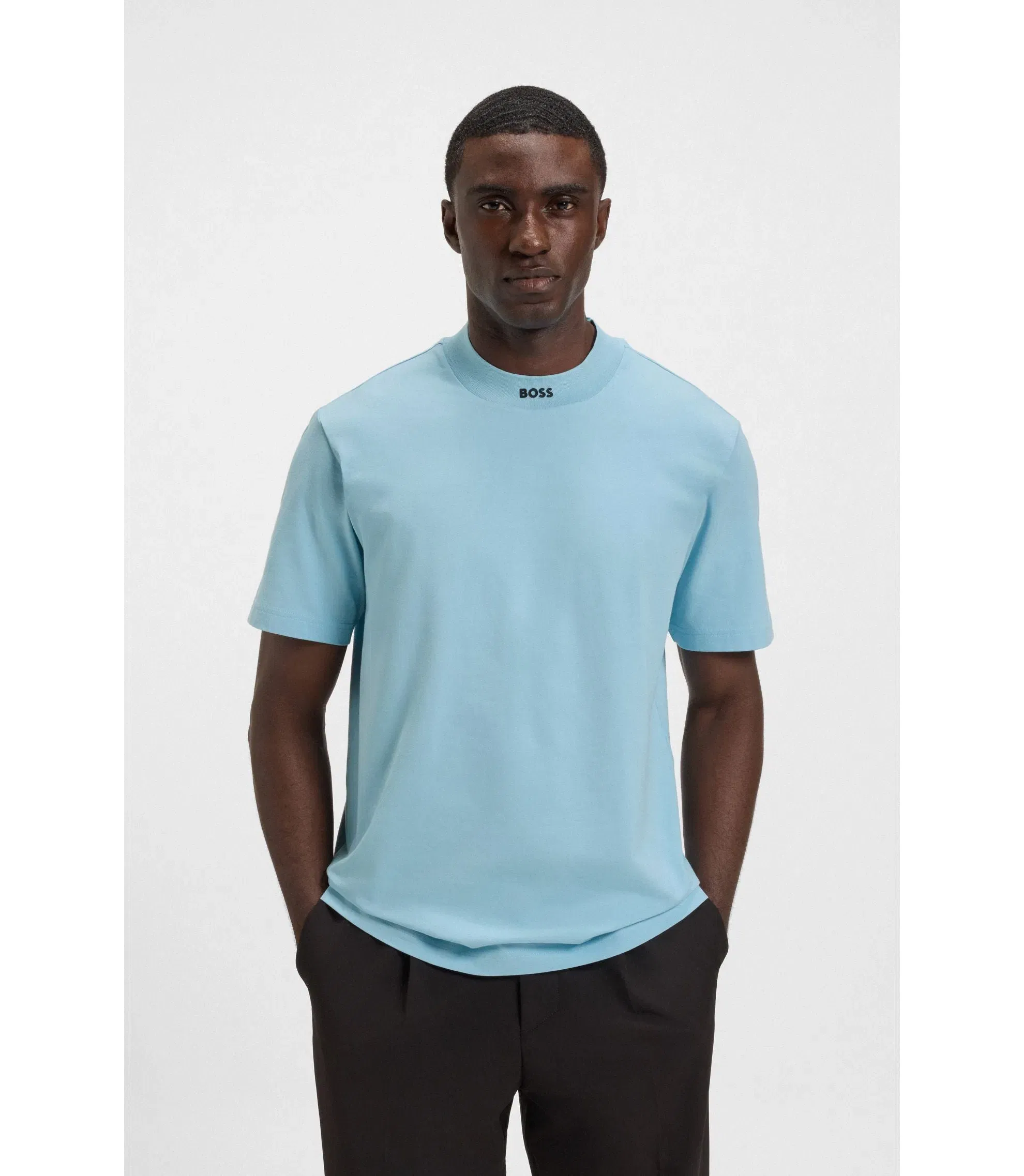 Boss Logo Collar T-Shirt In Stretch Cotton Light Blue
