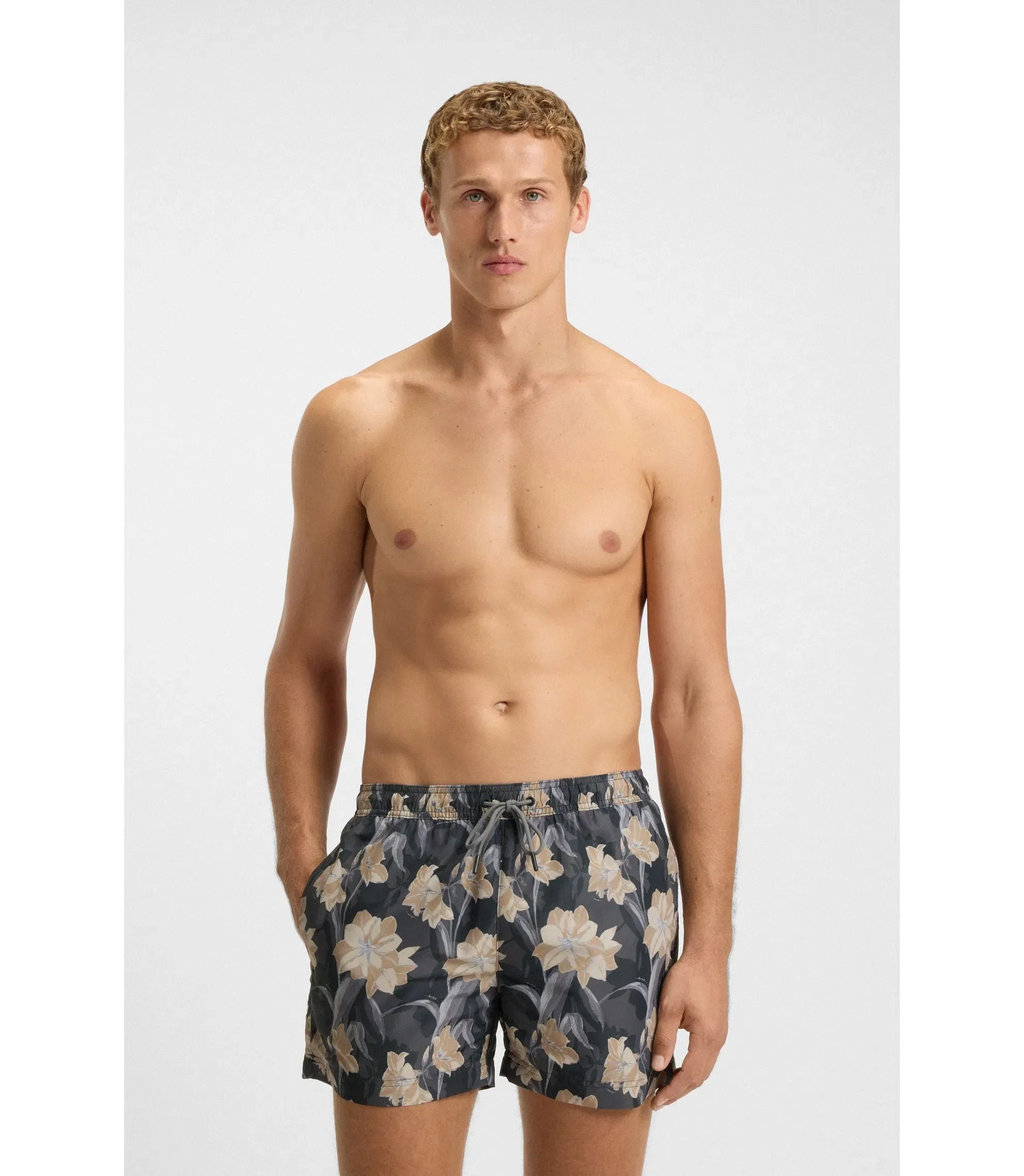 Boss Logo Detail Swim Shorts With Floral Print Black