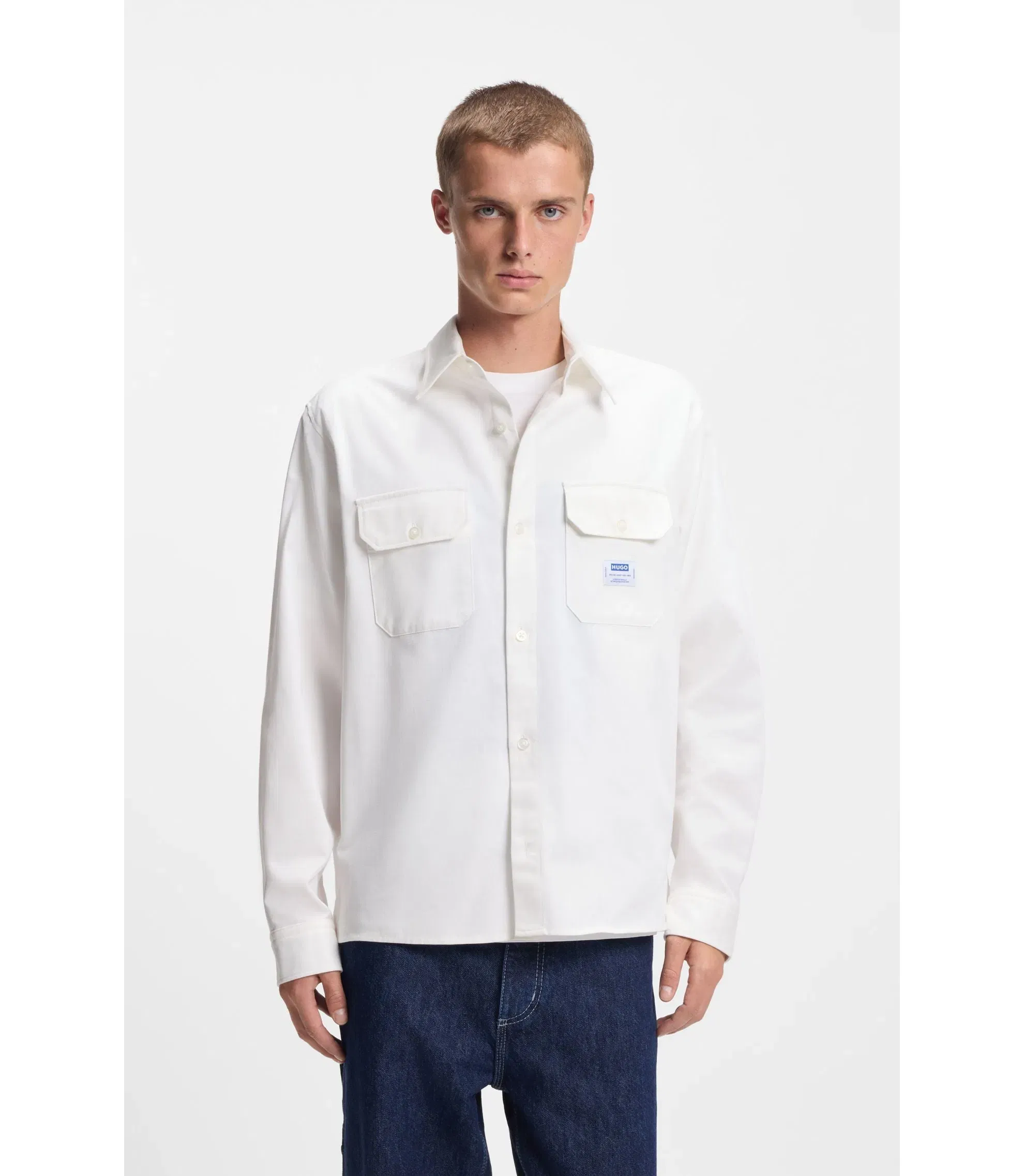 Hugo Logo Label Shirt In Cotton Twill White