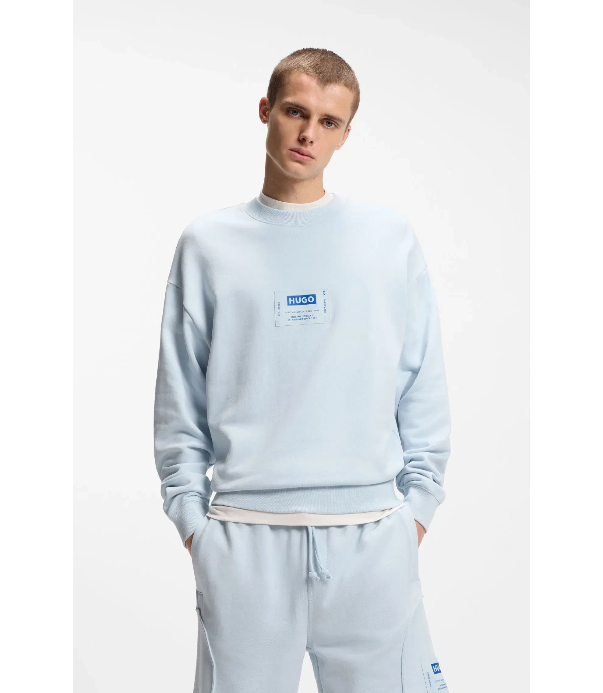 Hugo Logo Label Sweatshirt In A Cotton Blend Light Blue