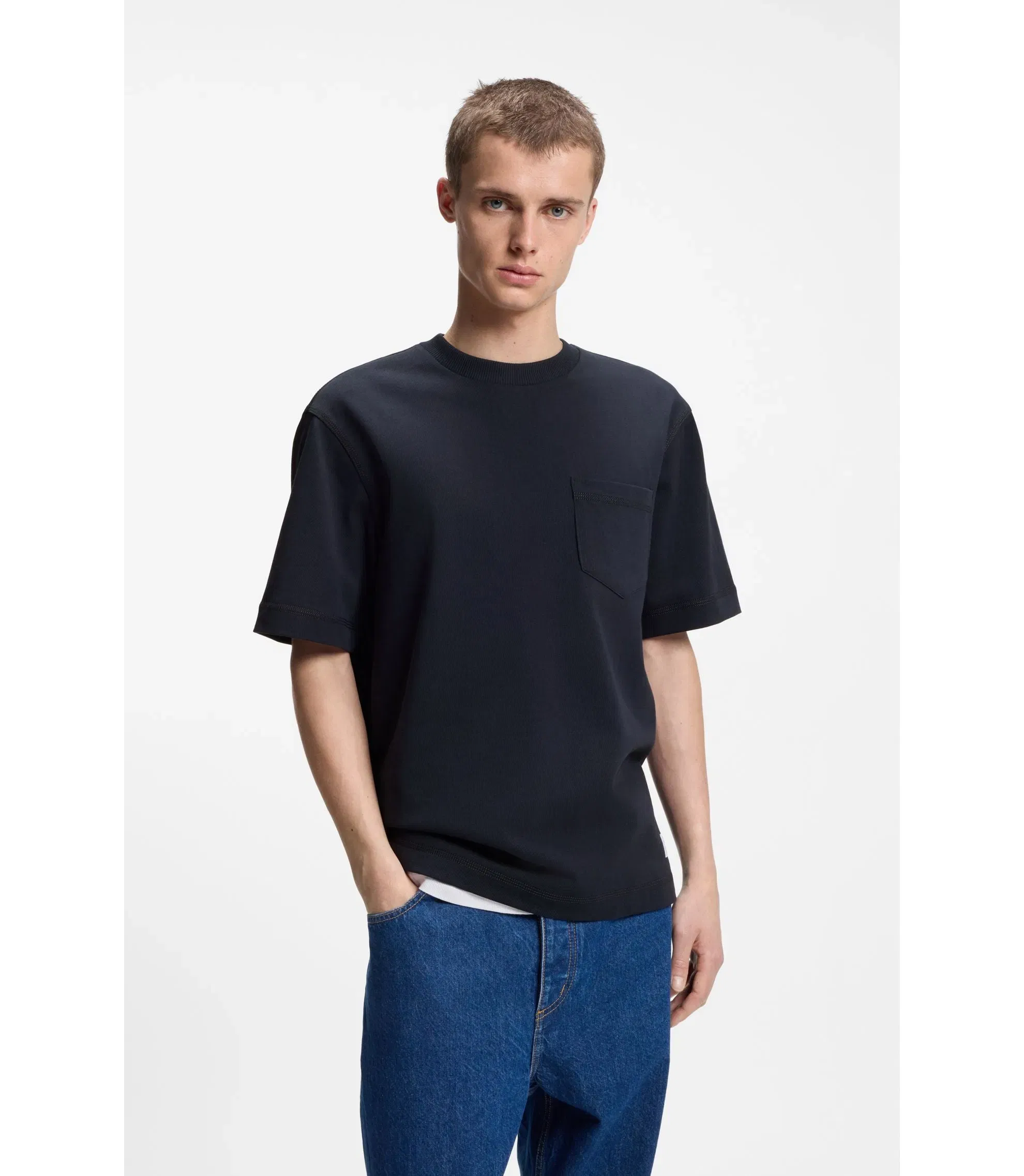 Hugo Logo Label T-Shirt In Cotton Jersey Dark Blue