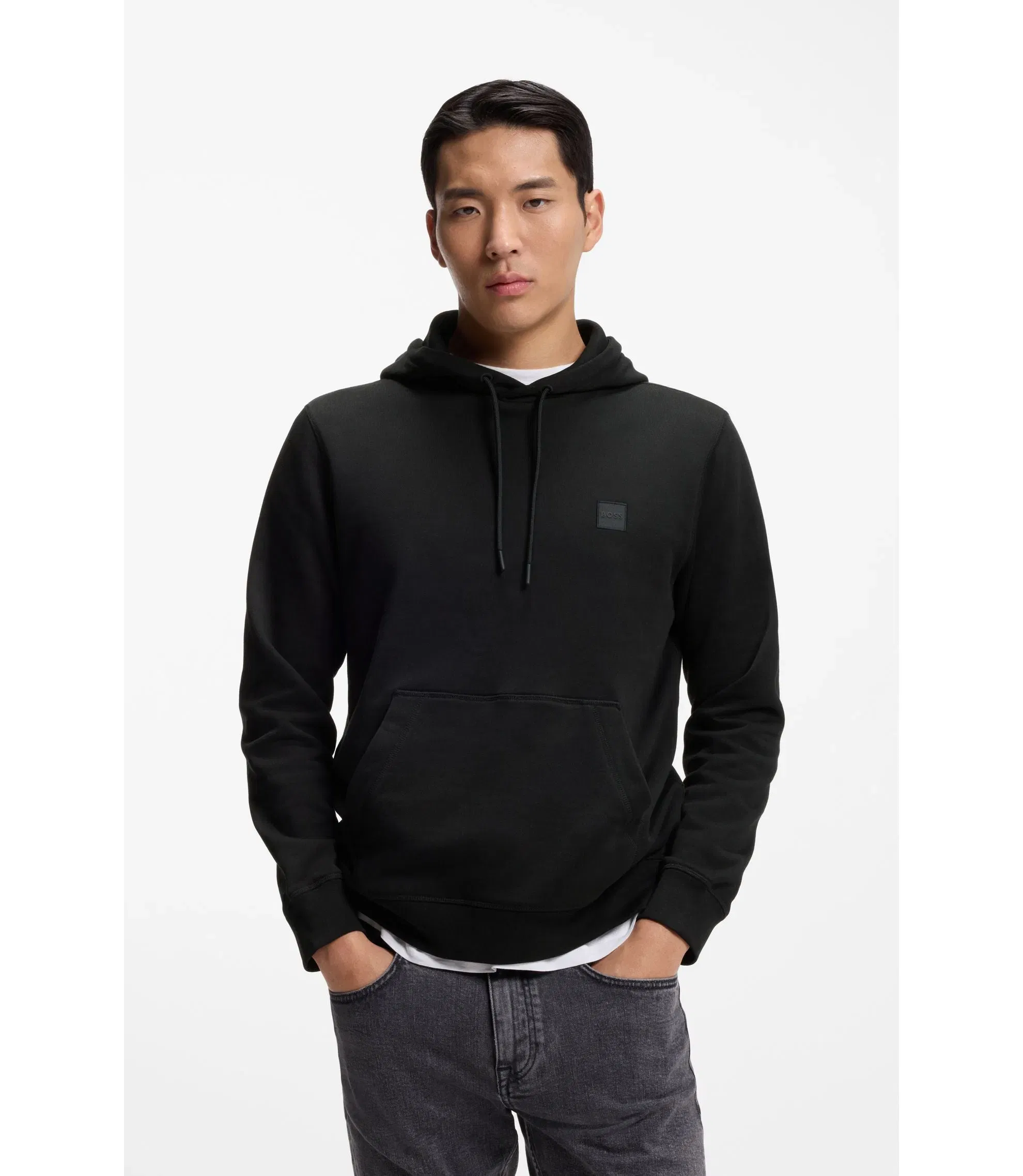 Boss Logo Patch Hoodie In Cotton Terry Black