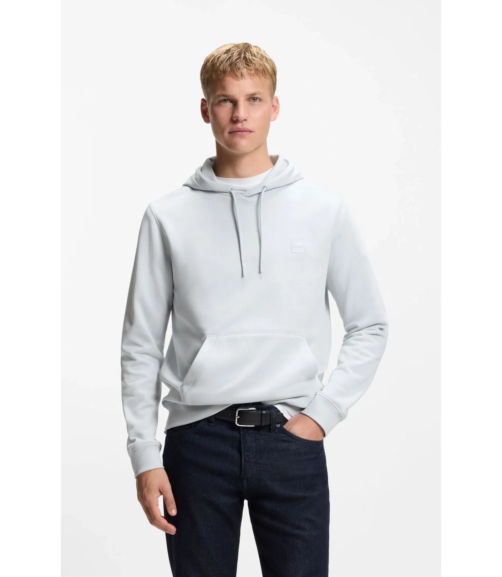 Boss Logo Patch Hoodie In Cotton Terry Light Grey