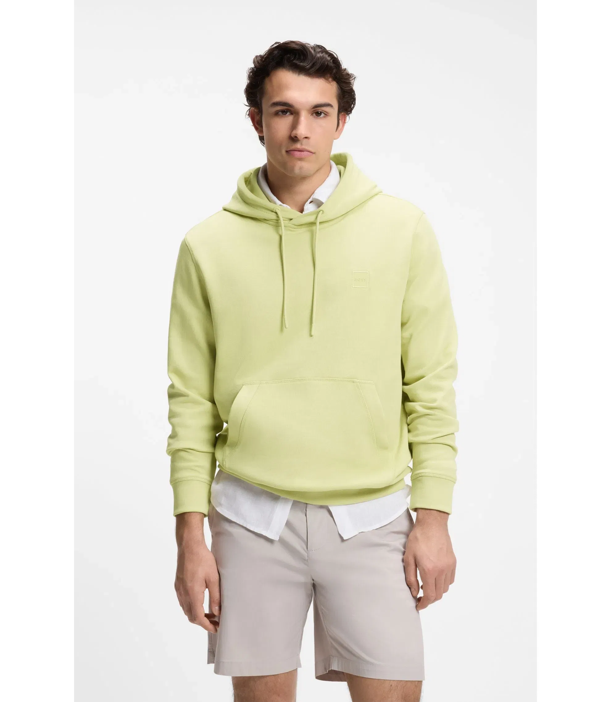 Boss Logo Patch Hoodie In Cotton Terry Beige