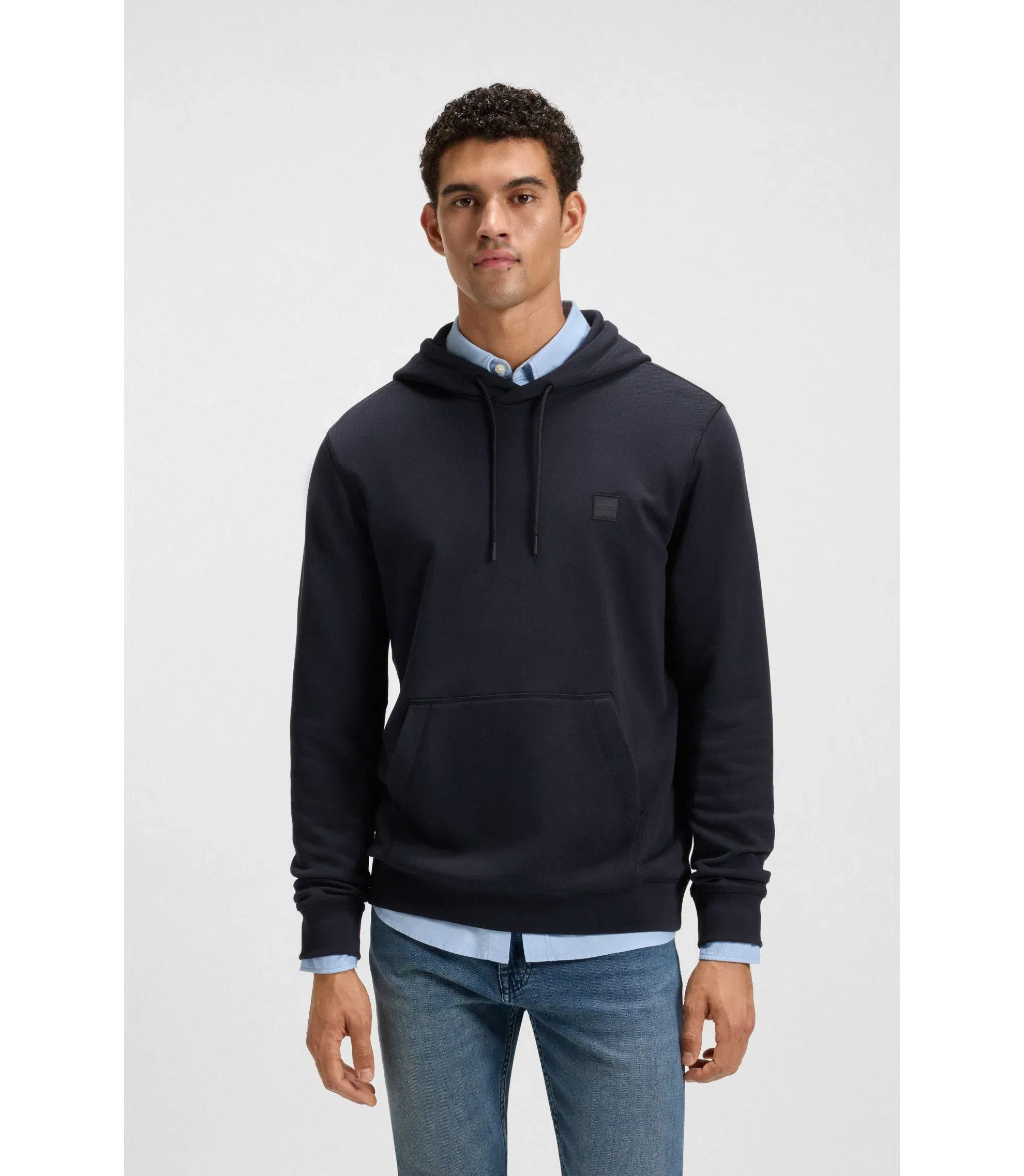Boss Logo Patch Hoodie In Cotton Terry Dark Blue