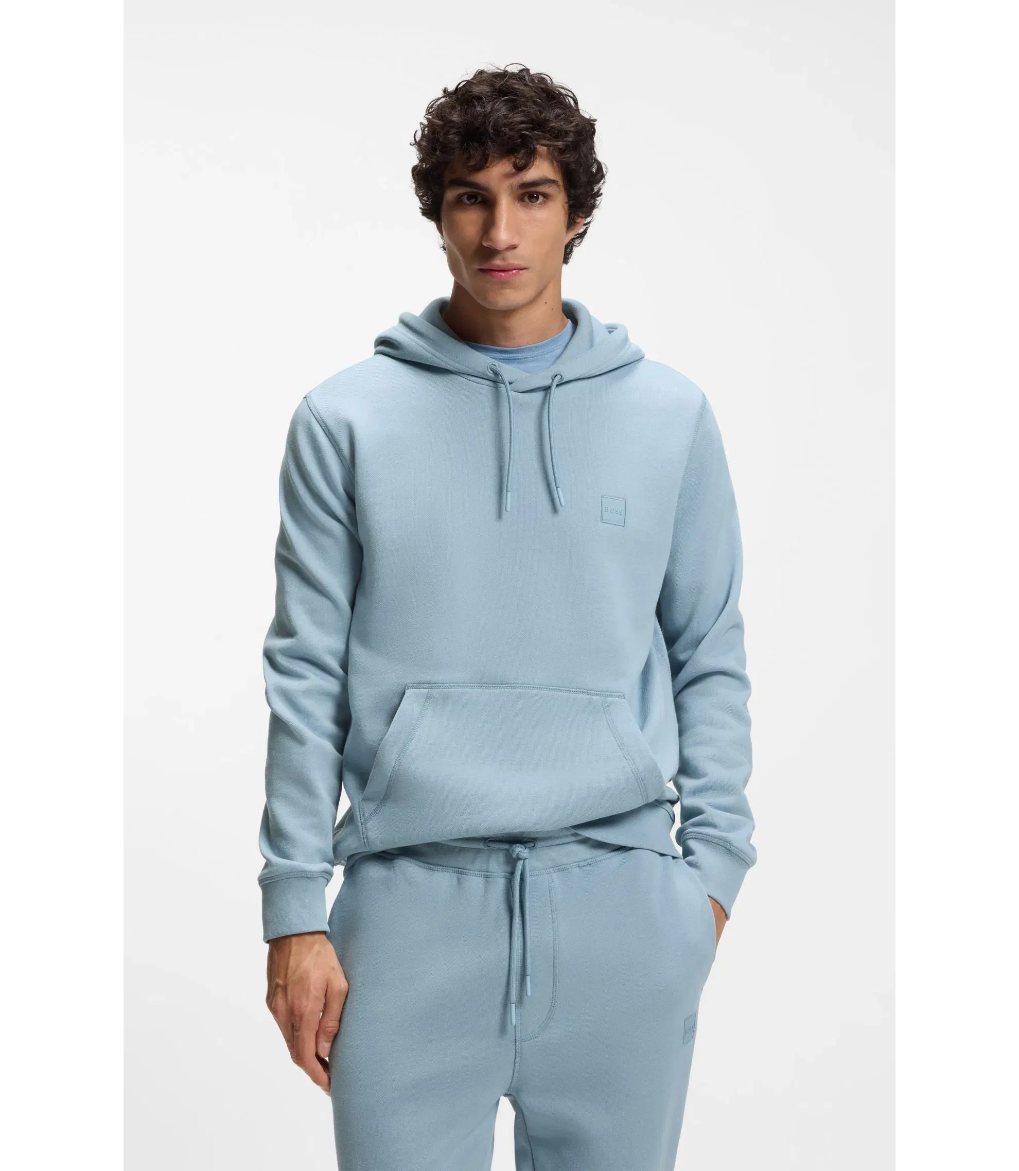Boss Logo Patch Hoodie In Cotton Terry Light Blue