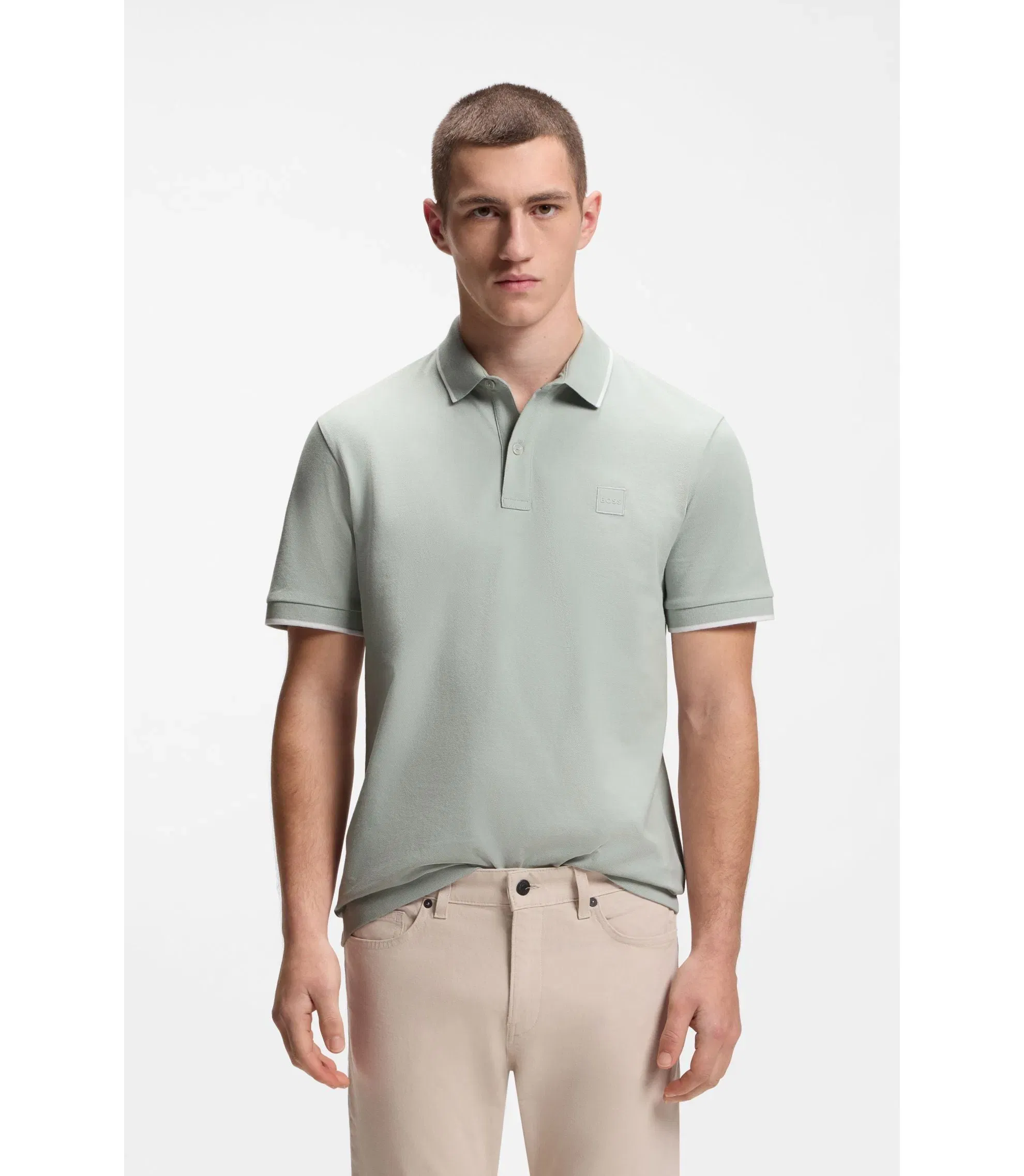 Boss Logo Patch Slim Fit Polo Shirt In Stretch Cotton Silver