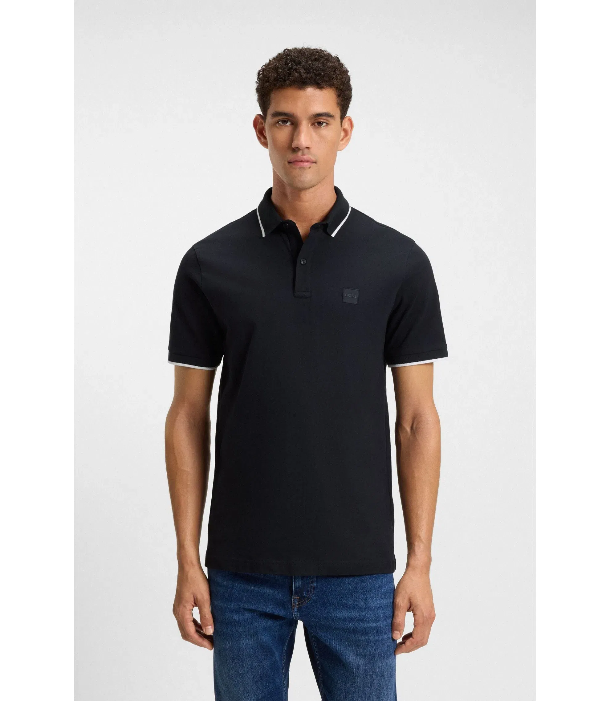 Boss Logo Patch Slim Fit Polo Shirt In Stretch Cotton Dark Blue