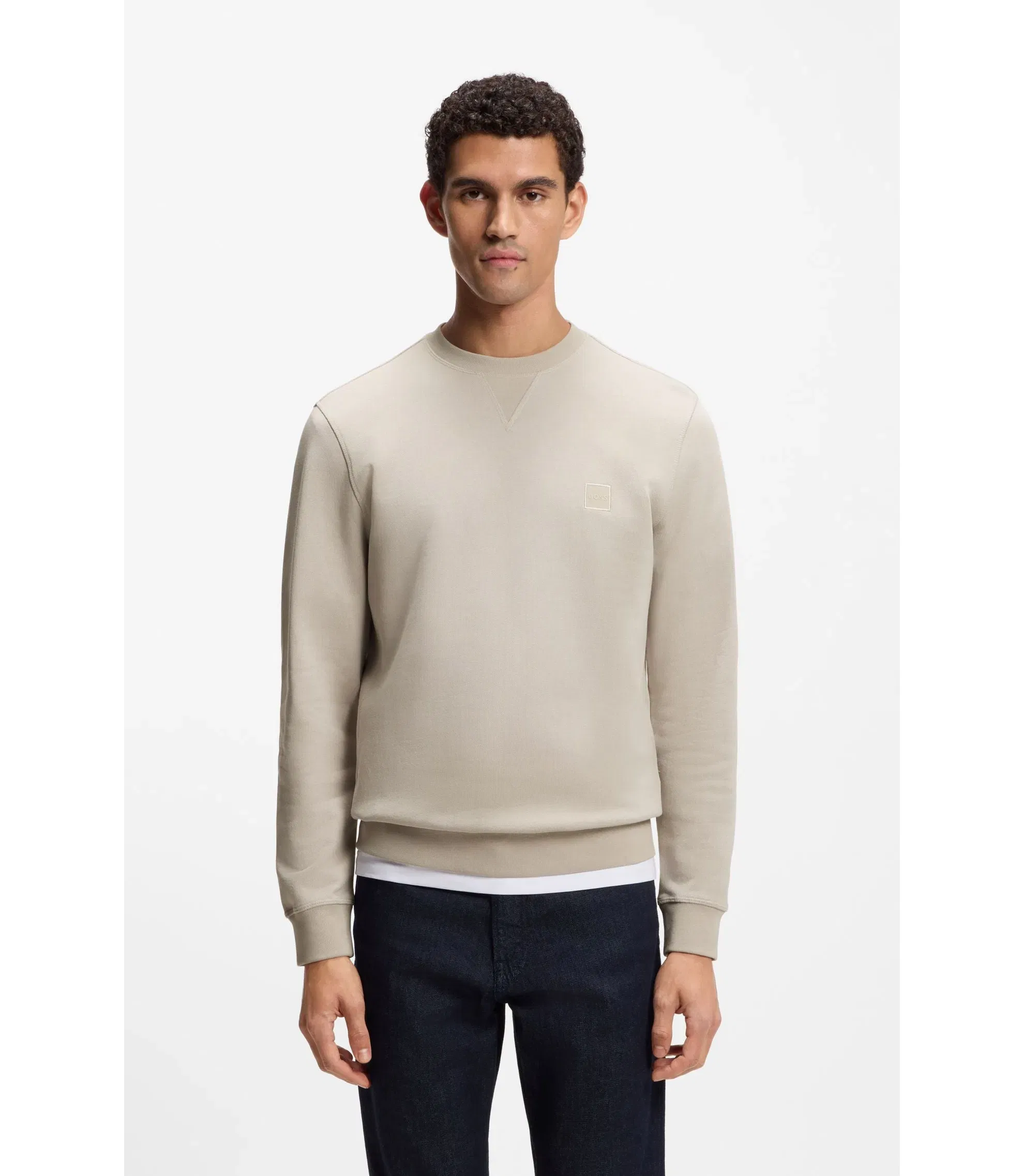 Boss Logo Patch Sweatshirt In Cotton Terry Light Grey