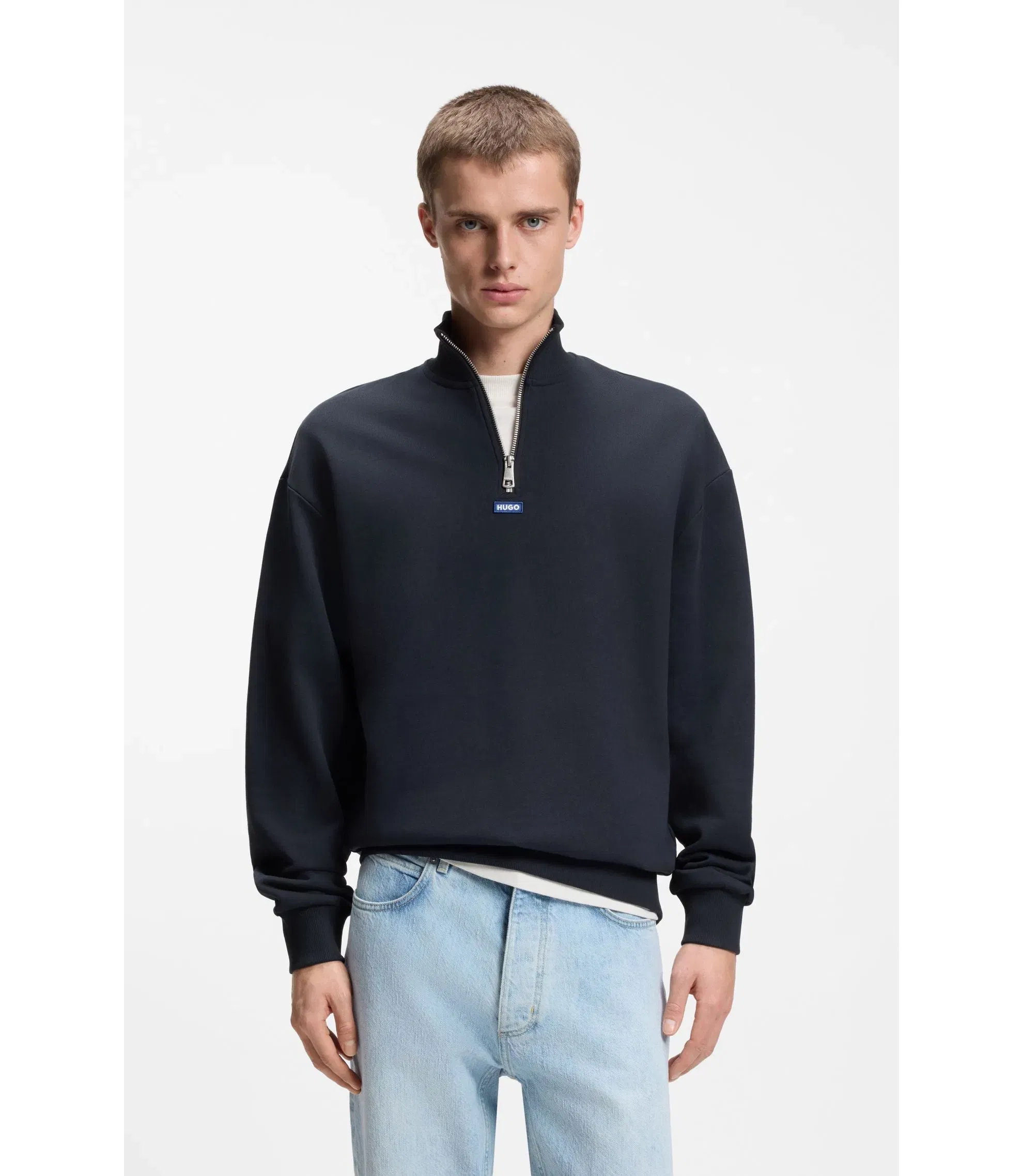 Hugo Logo Patch Sweatshirt In Cotton Terry Dark Blue