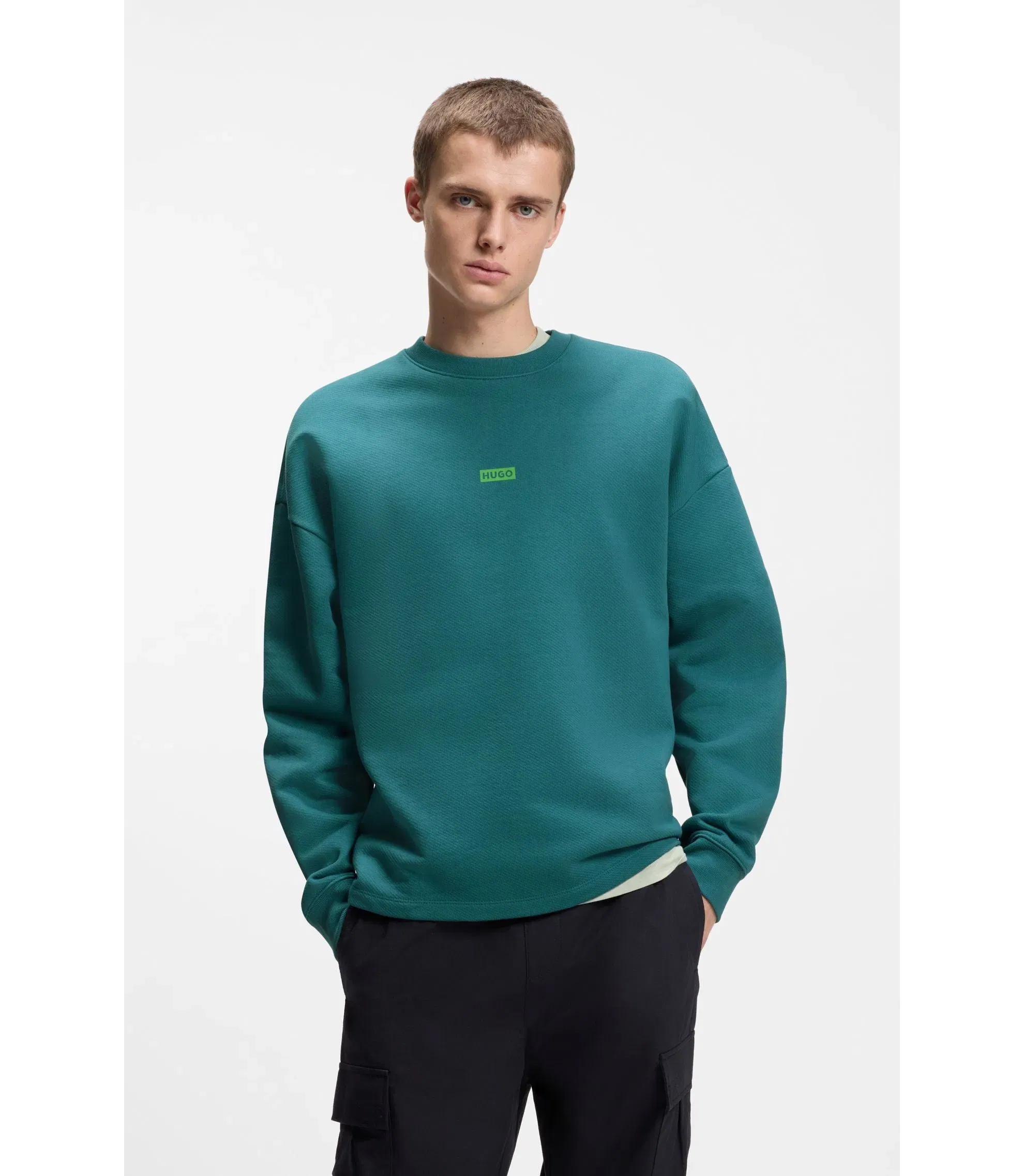 Hugo Logo Print Sweatshirt In Cotton Terry Turquoise