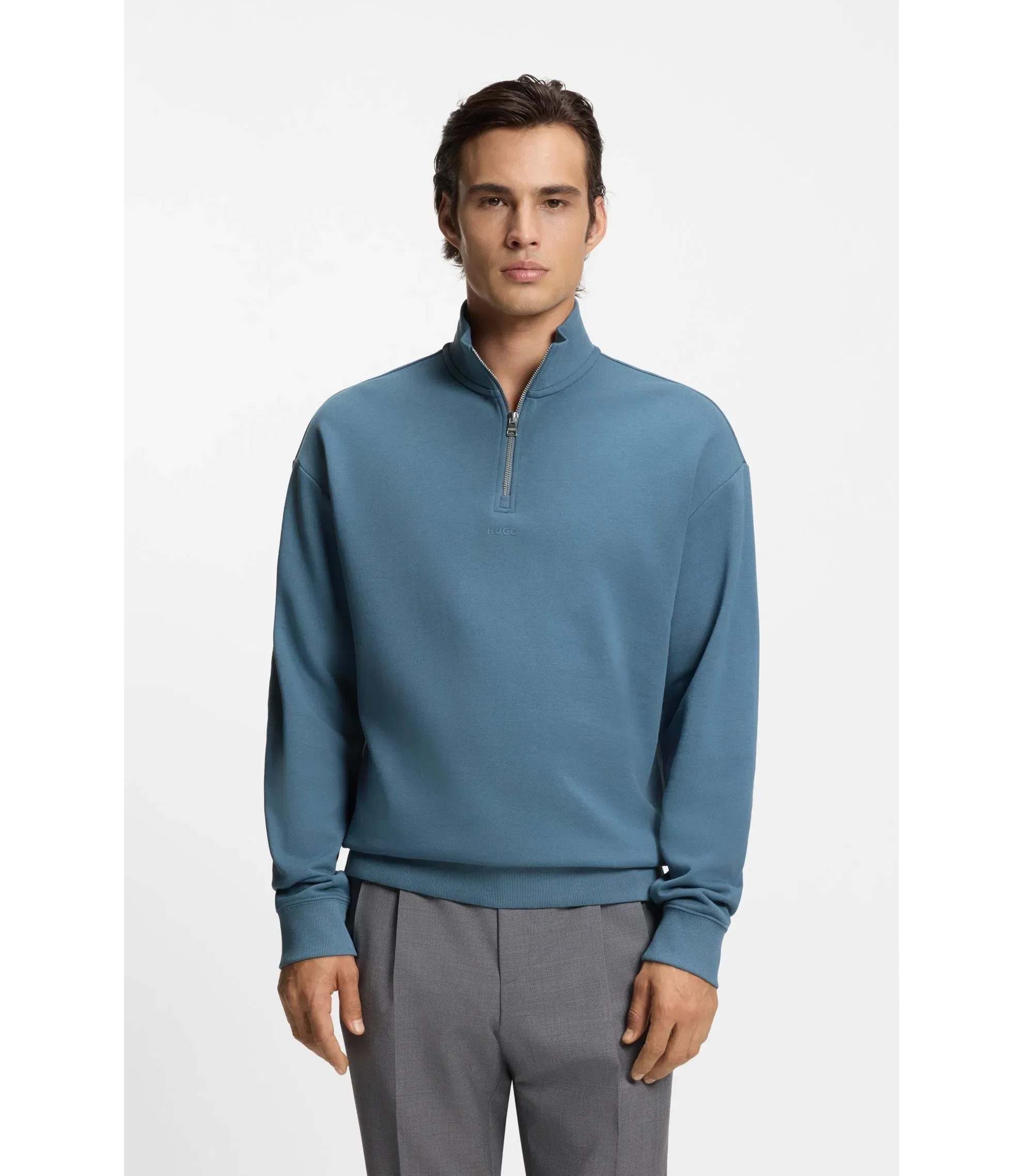 Hugo Logo Print Sweatshirt In Cotton Terry Light Blue