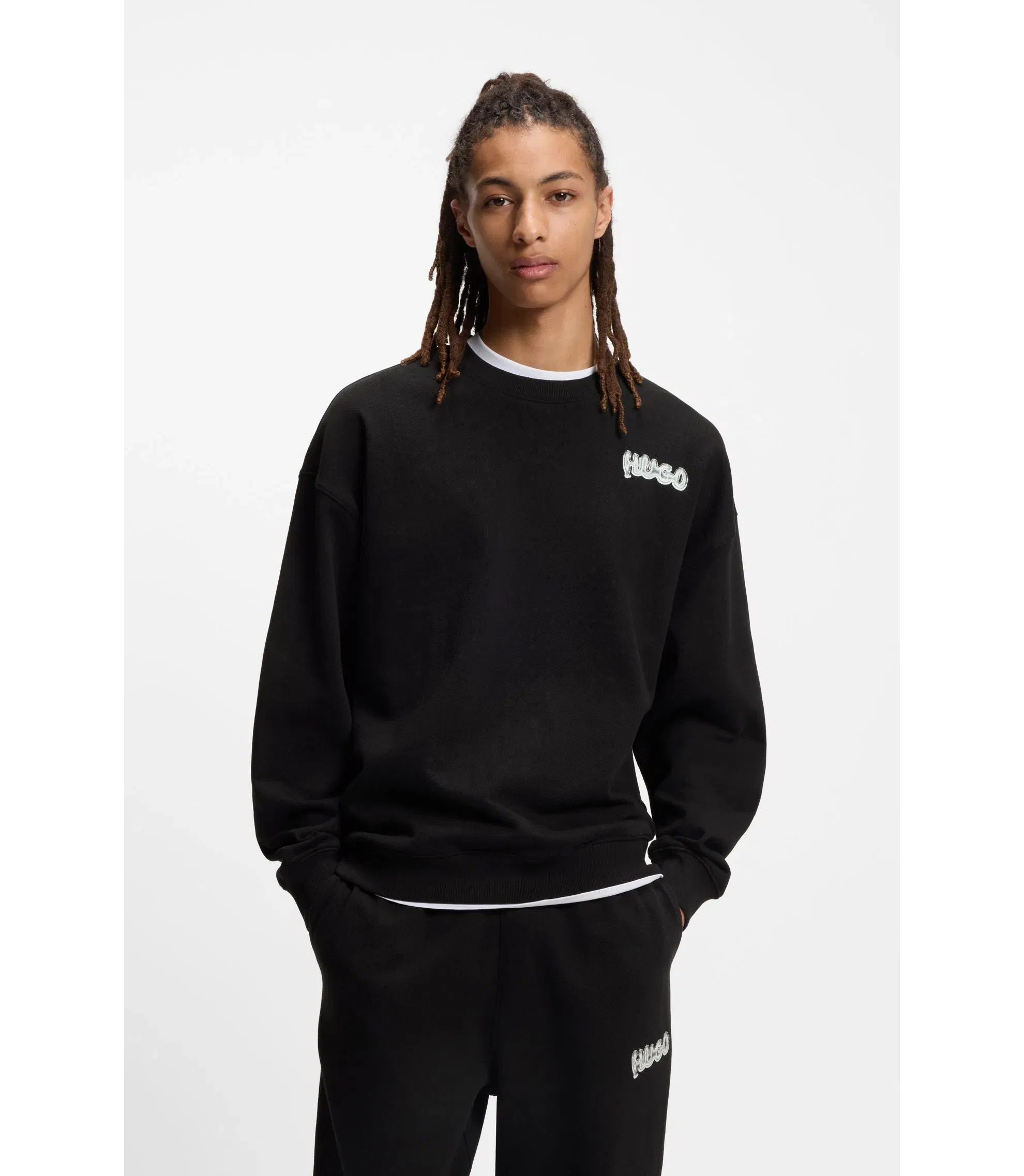Hugo Logo Print Sweatshirt In Cotton Terry Black