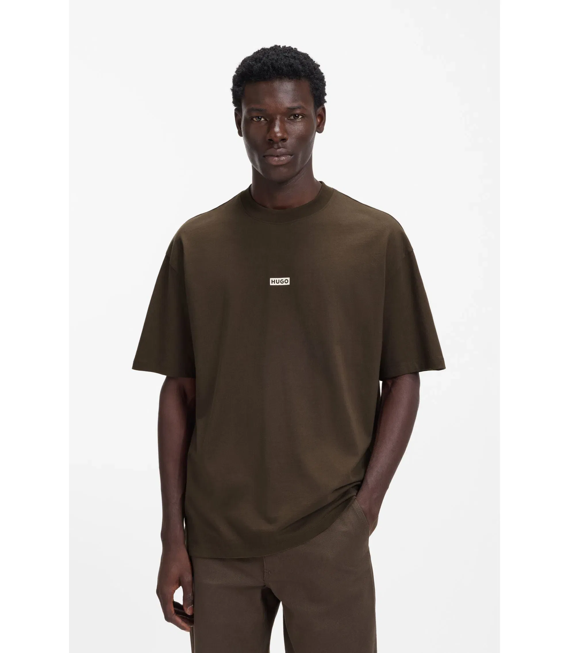 Hugo Logo Print T-Shirt In Cotton Jersey Dark Brown