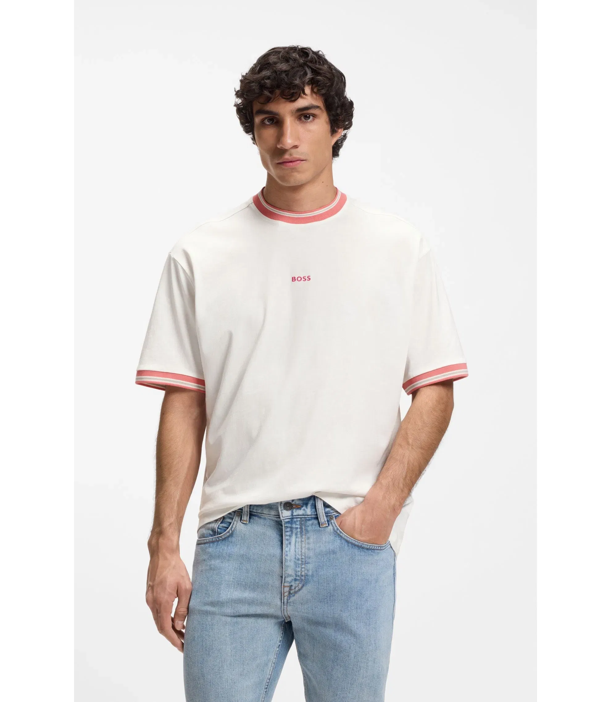 Boss Relaxed Fit T-Shirt In Cotton With Striped Trims White