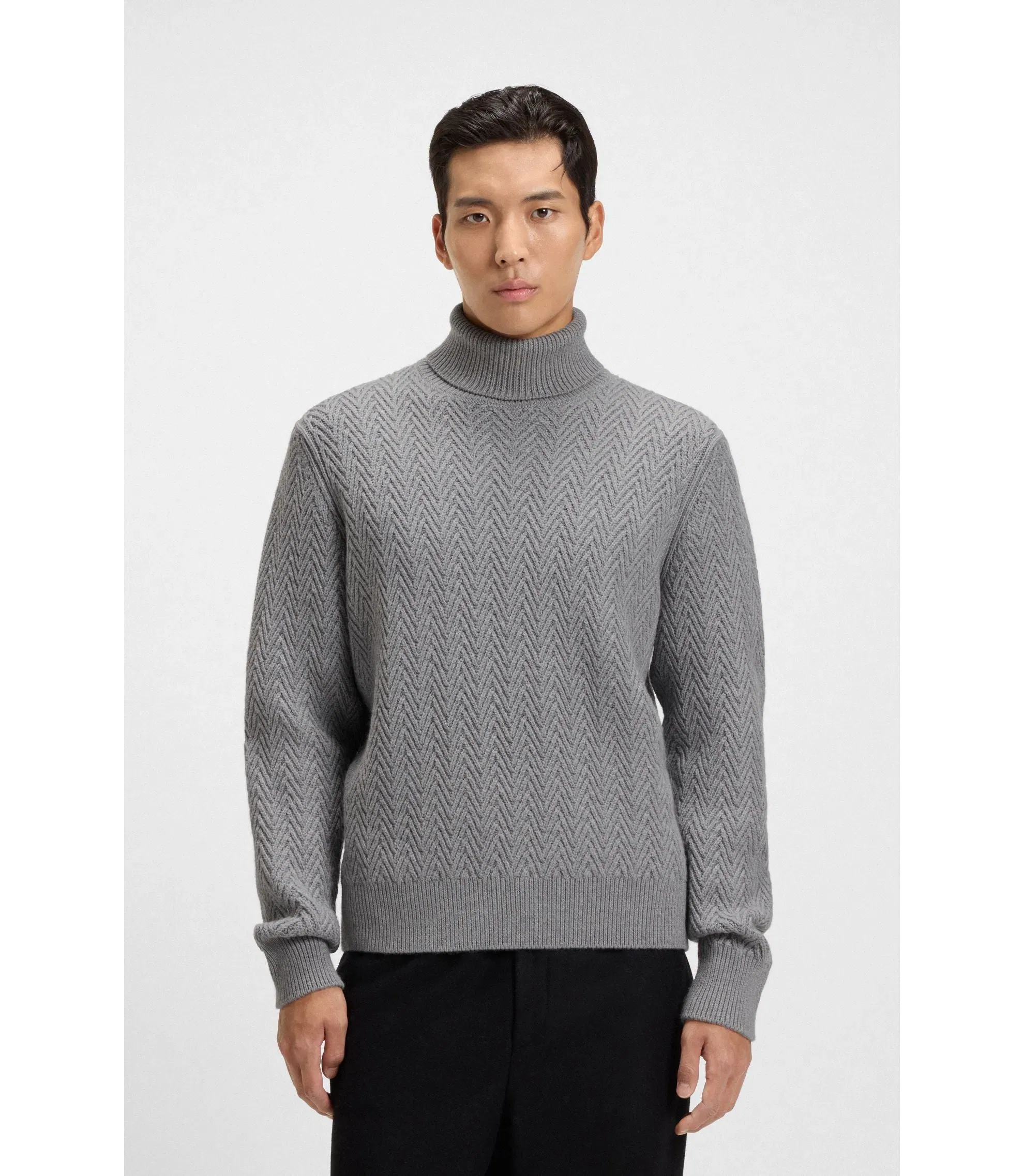 Boss Rollneck Sweater In Herringbone Virgin Wool Silver