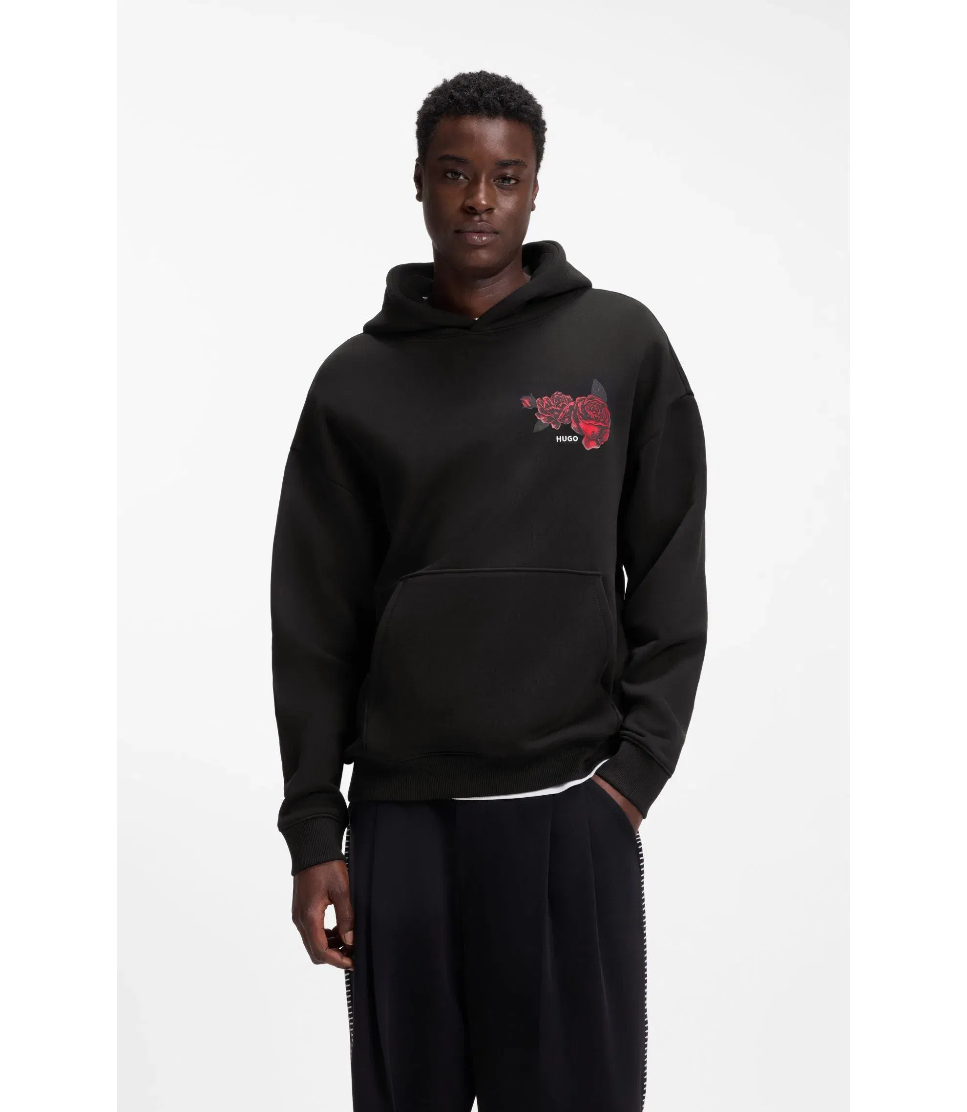 Hugo Rose Artwork Hoodie In Cotton Terry Black