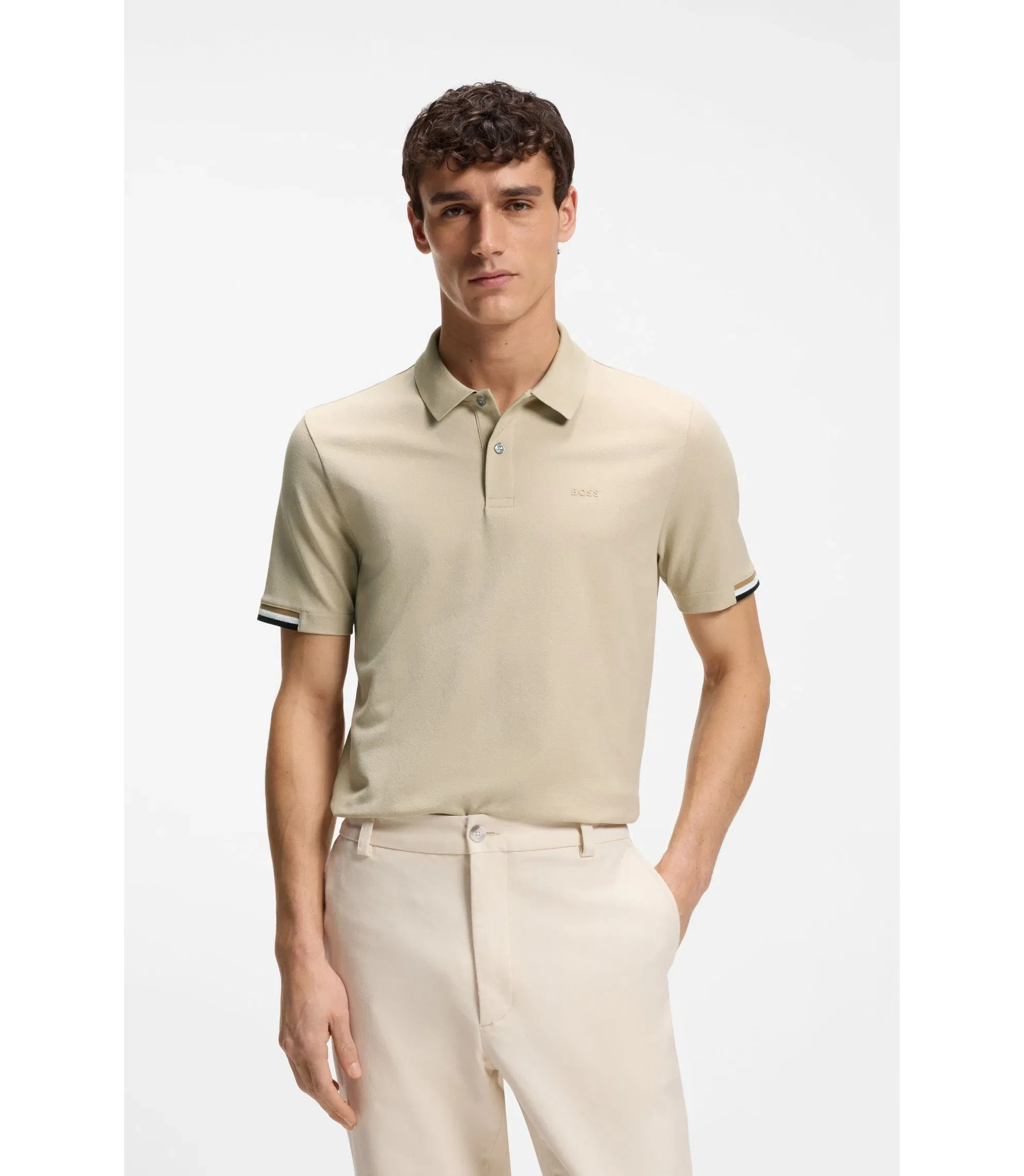 Boss Rubberised Logo Polo Shirt In Mercerised Cotton Light Beige