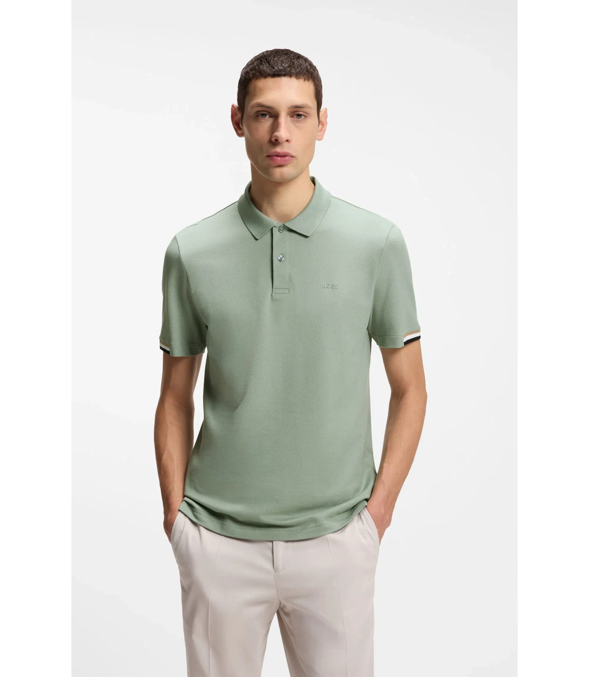 Boss Rubberised Logo Polo Shirt In Mercerised Cotton Light Green