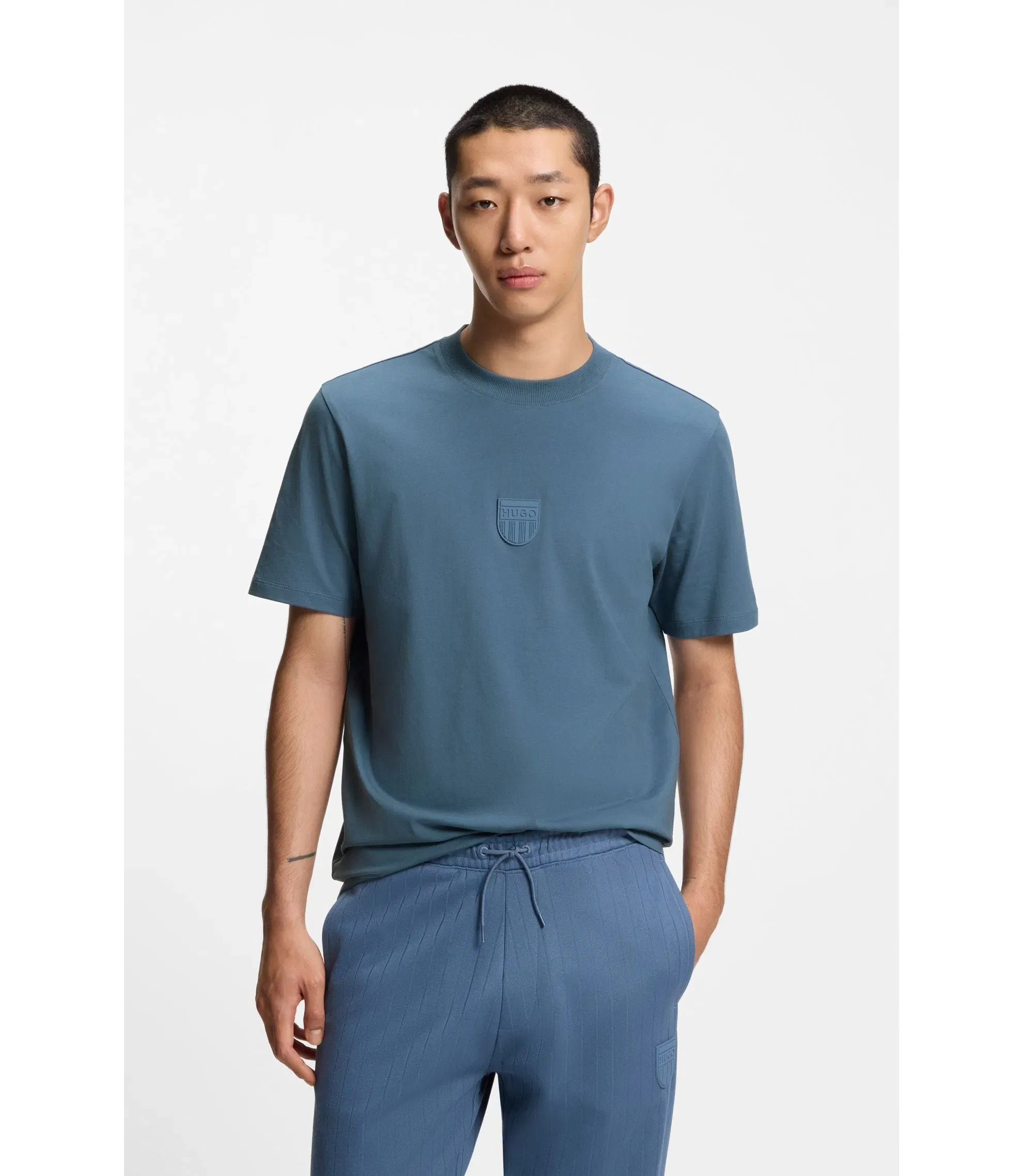 Hugo Rubber Logo T-Shirt In Cotton Jersey Light Blue