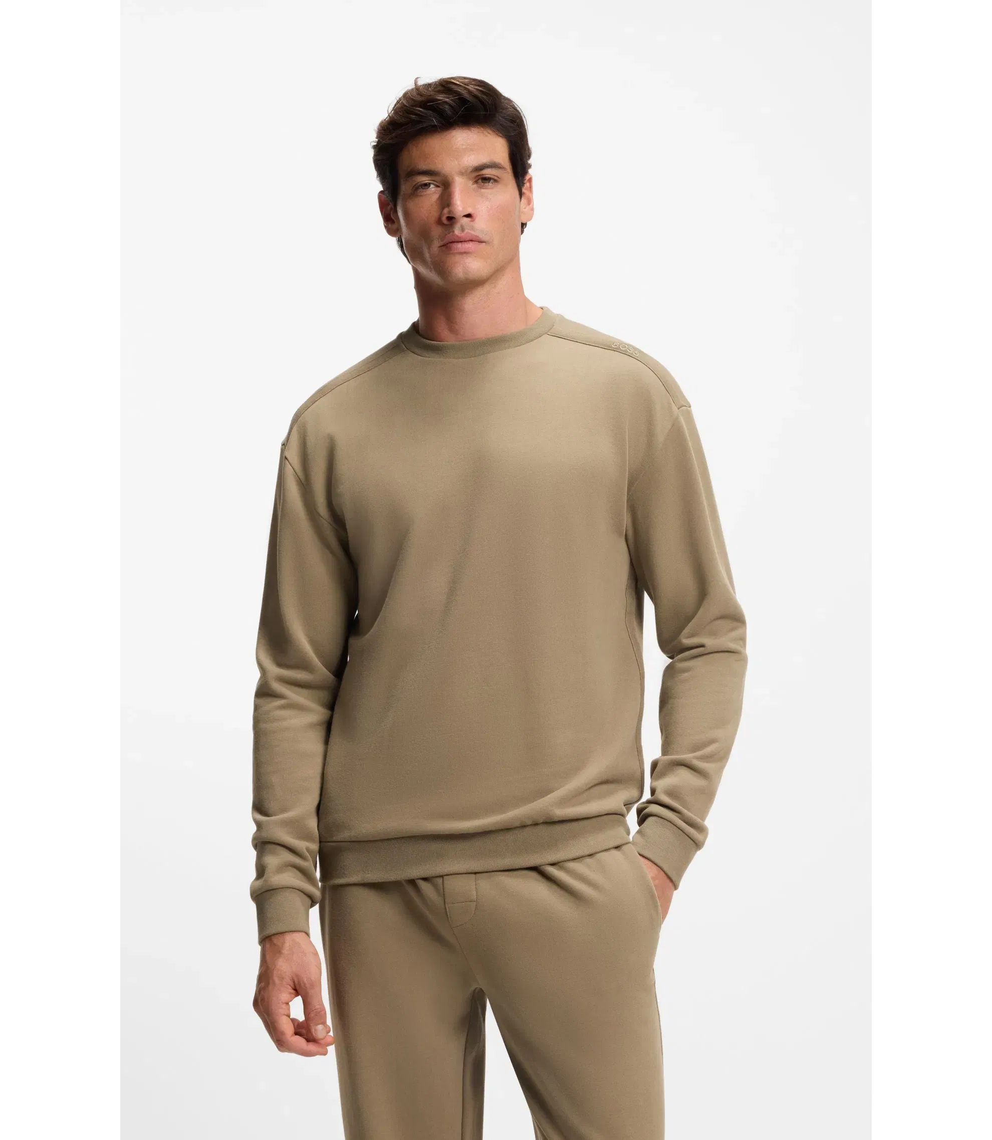 Boss Shoulder Logo Sweatshirt In Cotton Terry Light Brown