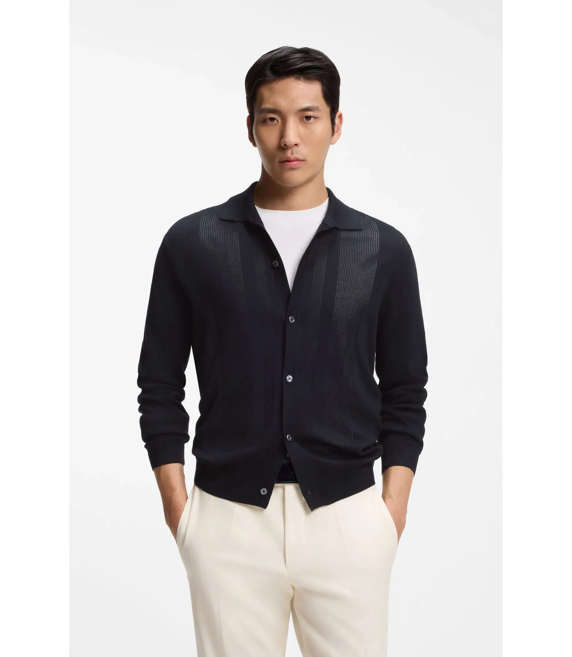 Boss Silk Cardigan With Mesh Paneling Dark Blue