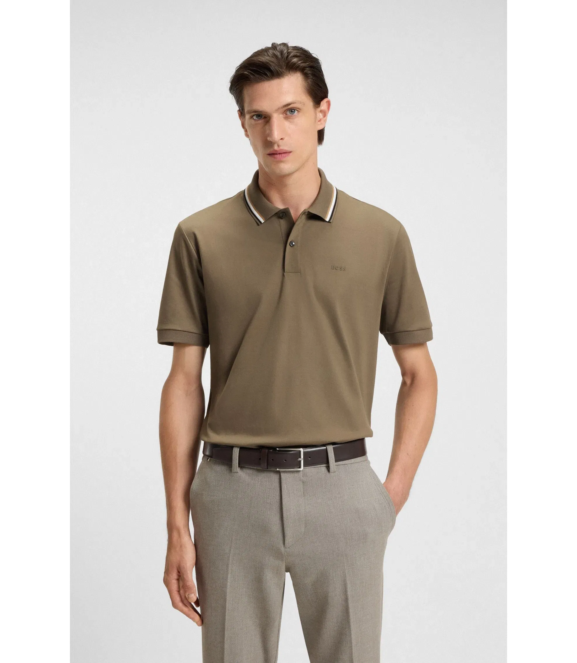 Boss Slim Fit Cotton Polo Shirt With Striped Collar Light Brown