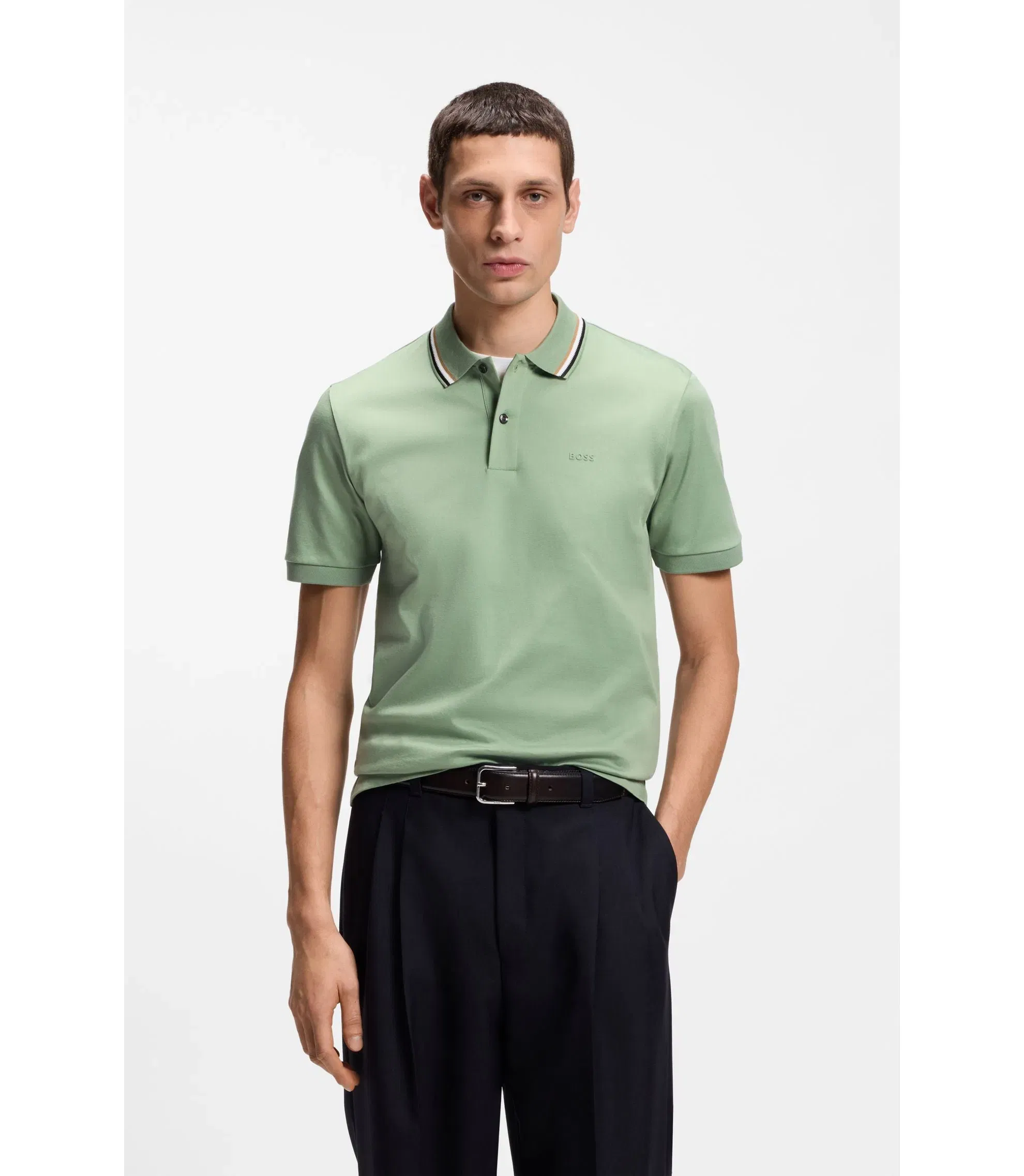 Boss Slim Fit Cotton Polo Shirt With Striped Collar Light Green