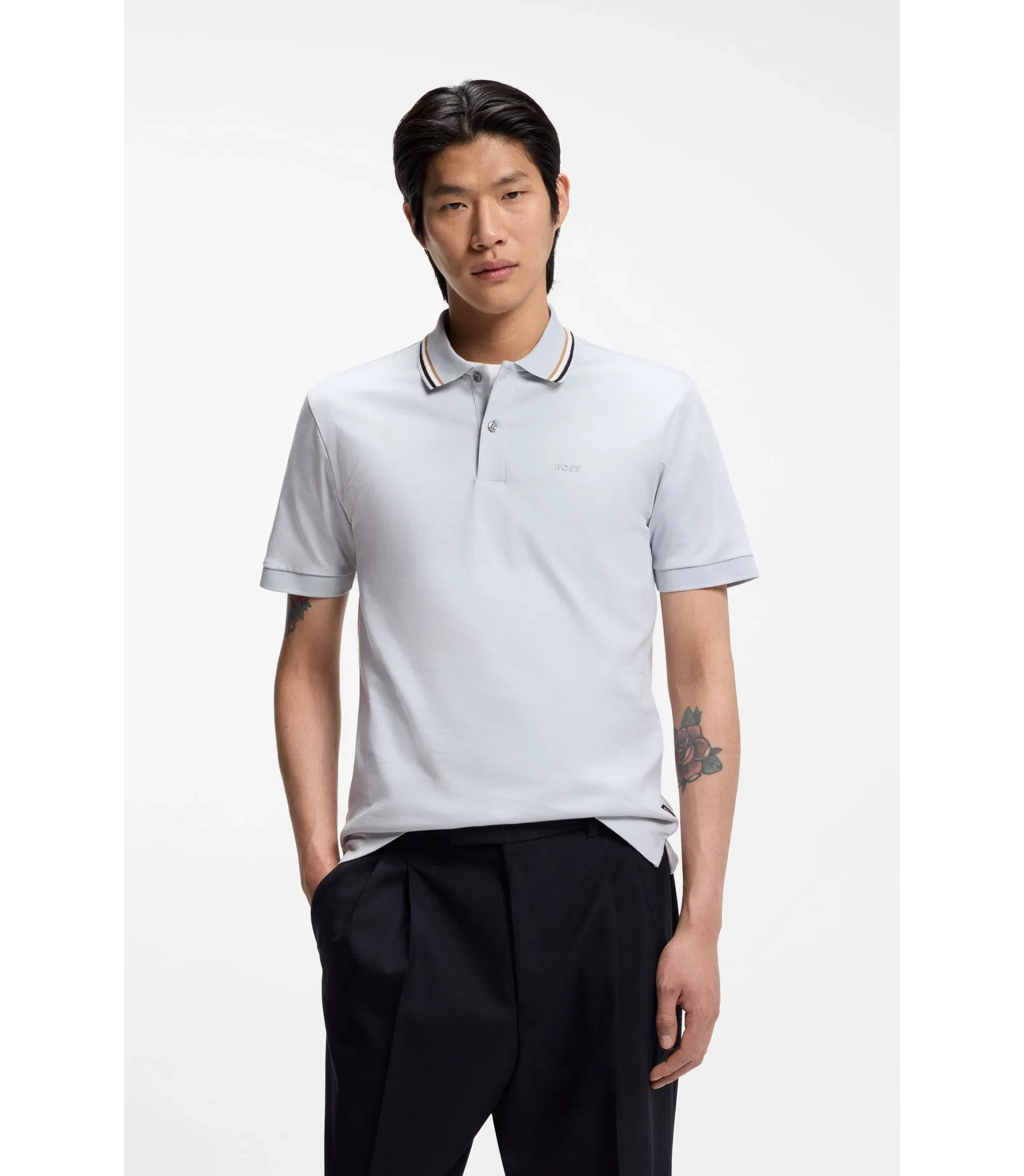 Boss Slim Fit Cotton Polo Shirt With Striped Collar Light Purple