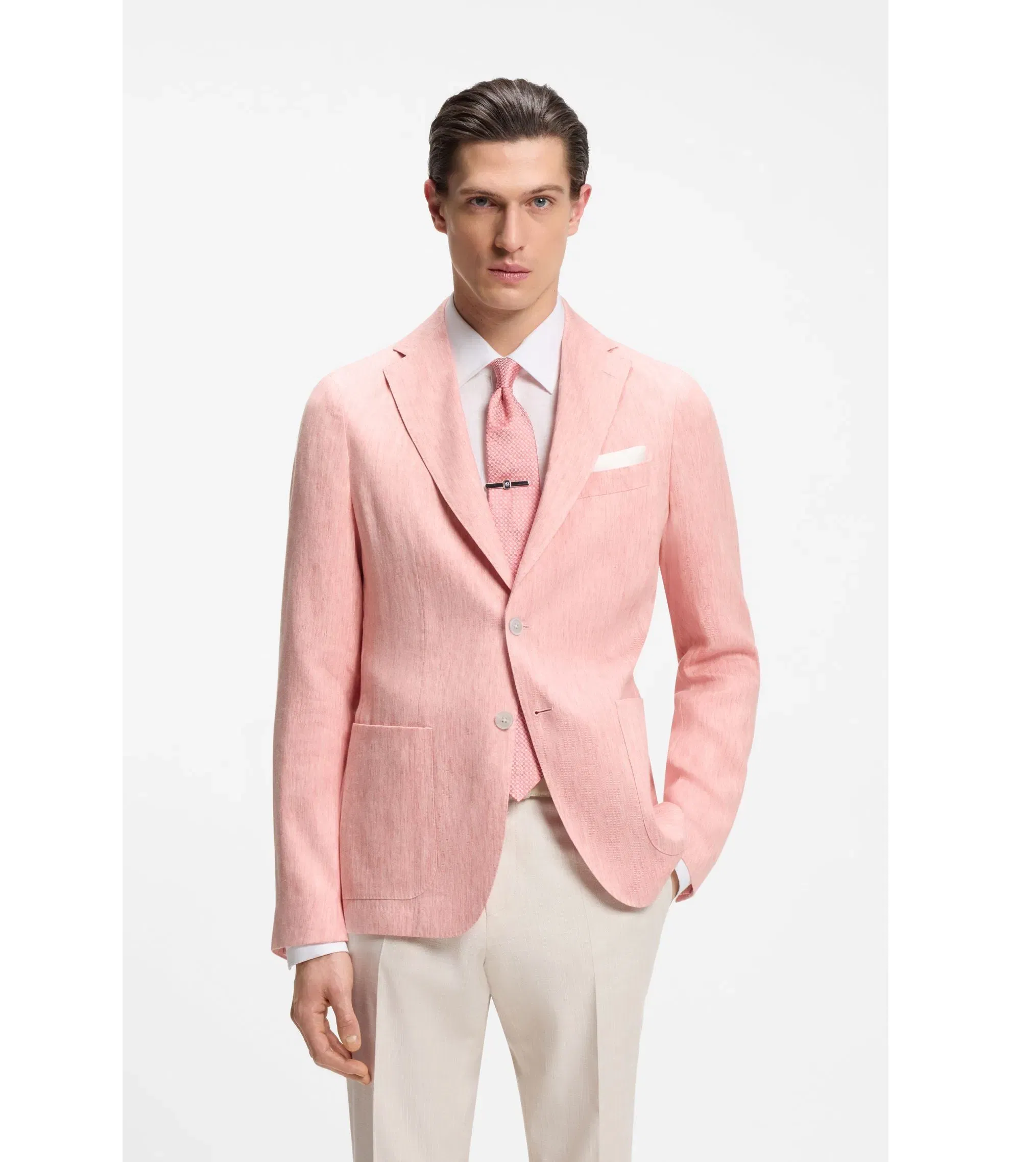 Boss Slim Fit Jacket In A Linen Blend Light Pink