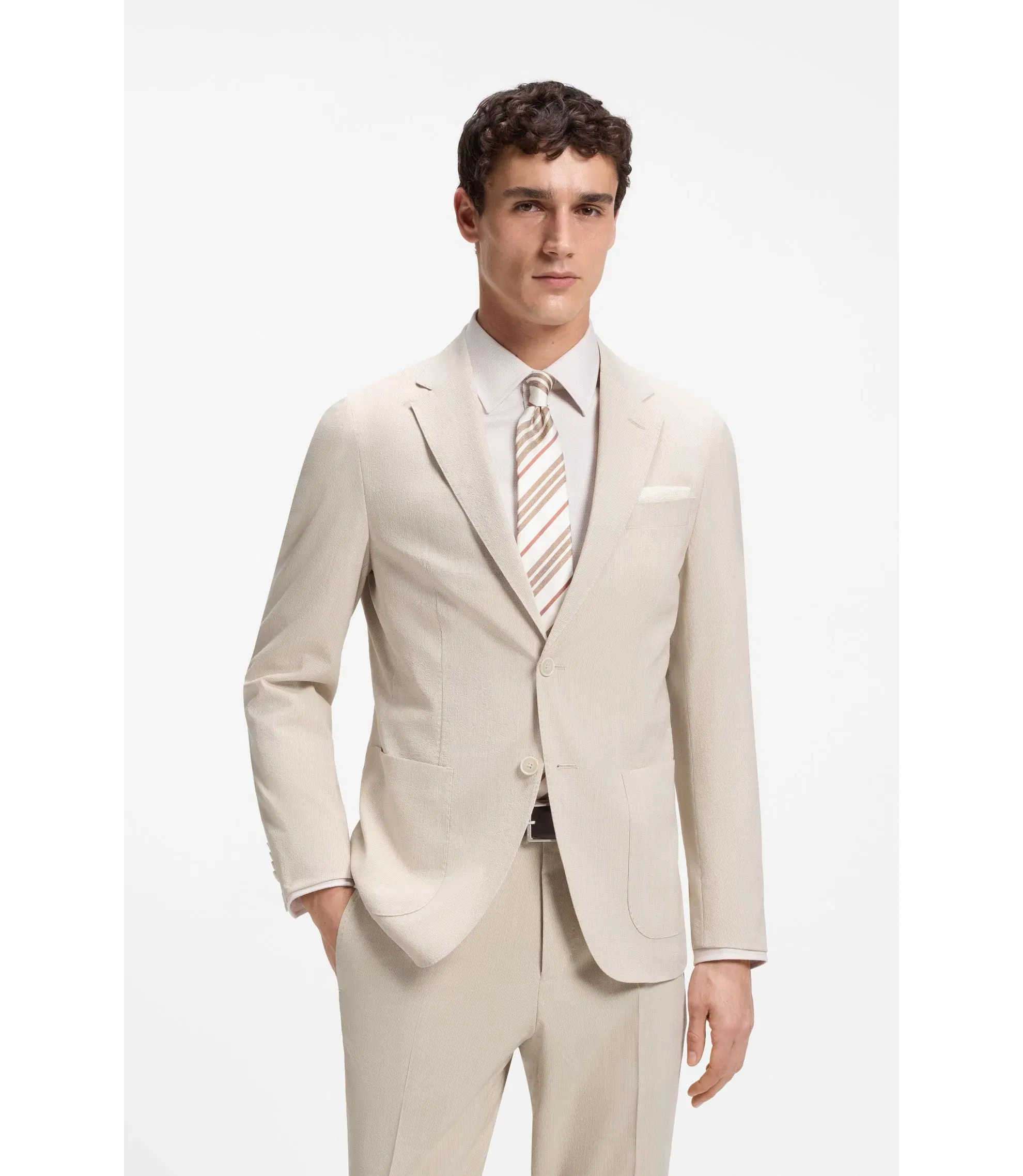 Boss Slim Fit Jacket In Wool Blend Seersucker Beige