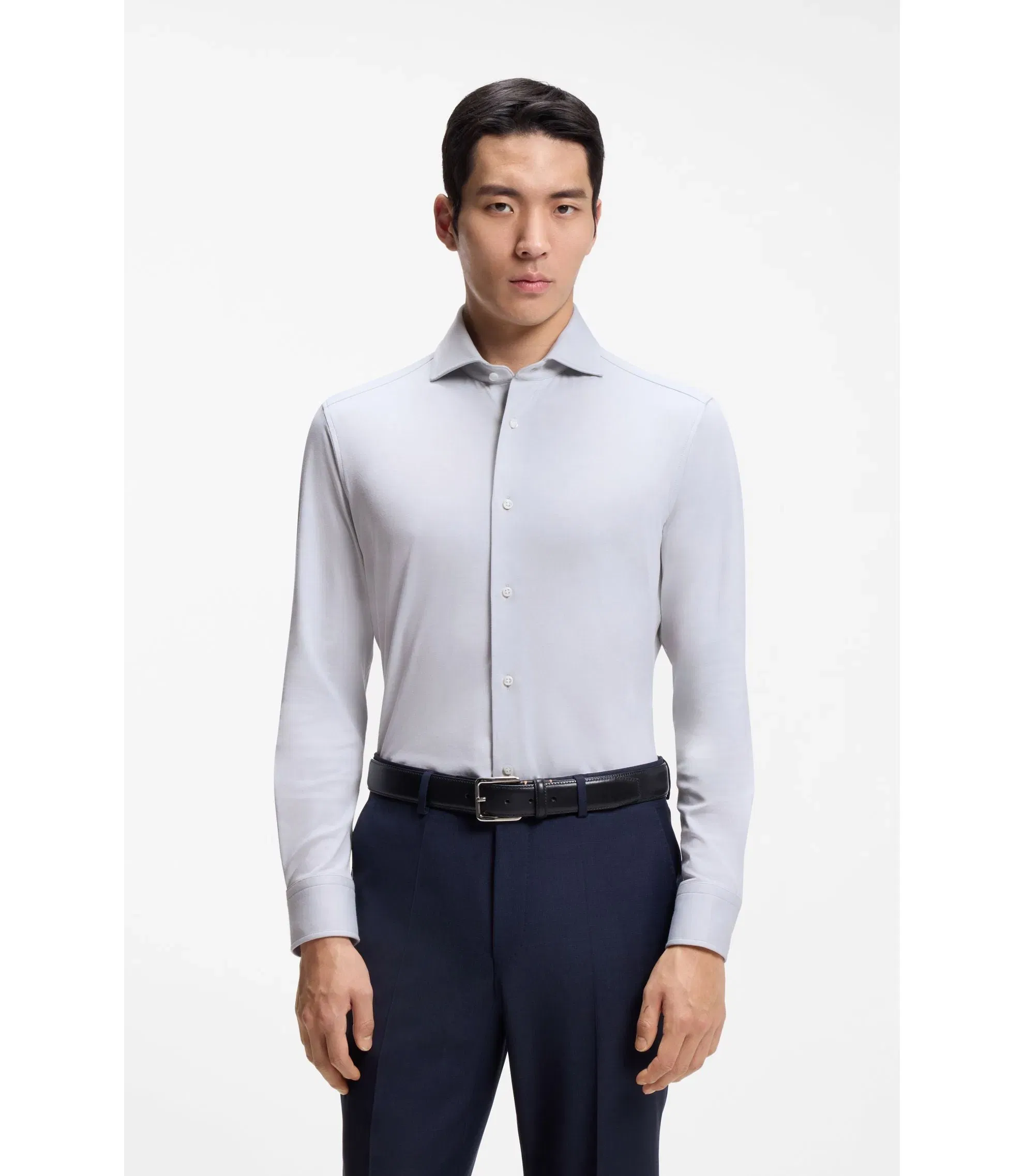 Boss Slim Fit Shirt In A Wrinkle Resistant Cotton Blend Silver