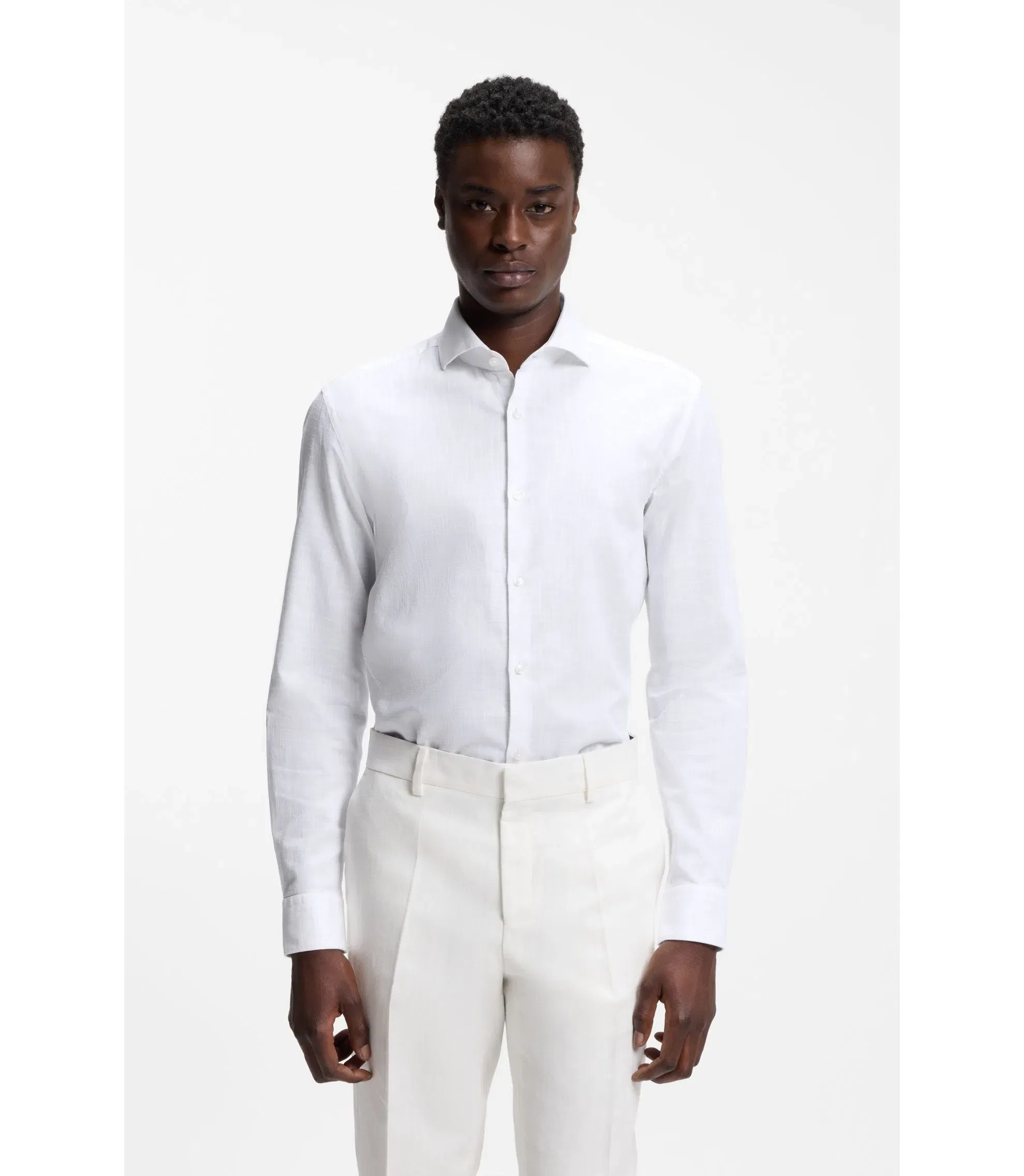 Hugo Slim Fit Shirt In Cotton And Linen White