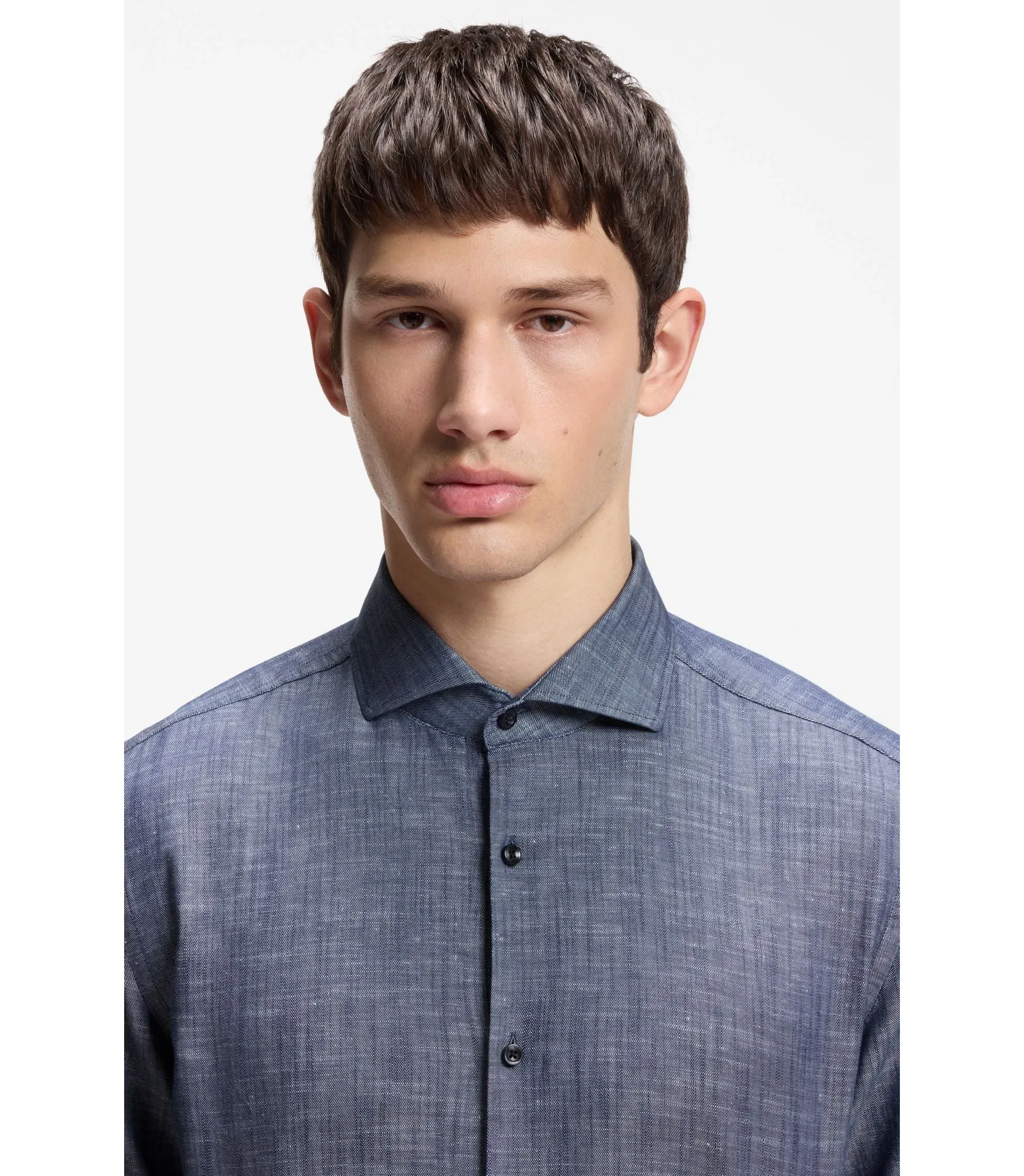 Hugo Slim Fit Shirt In Cotton And Linen Dark Blue
