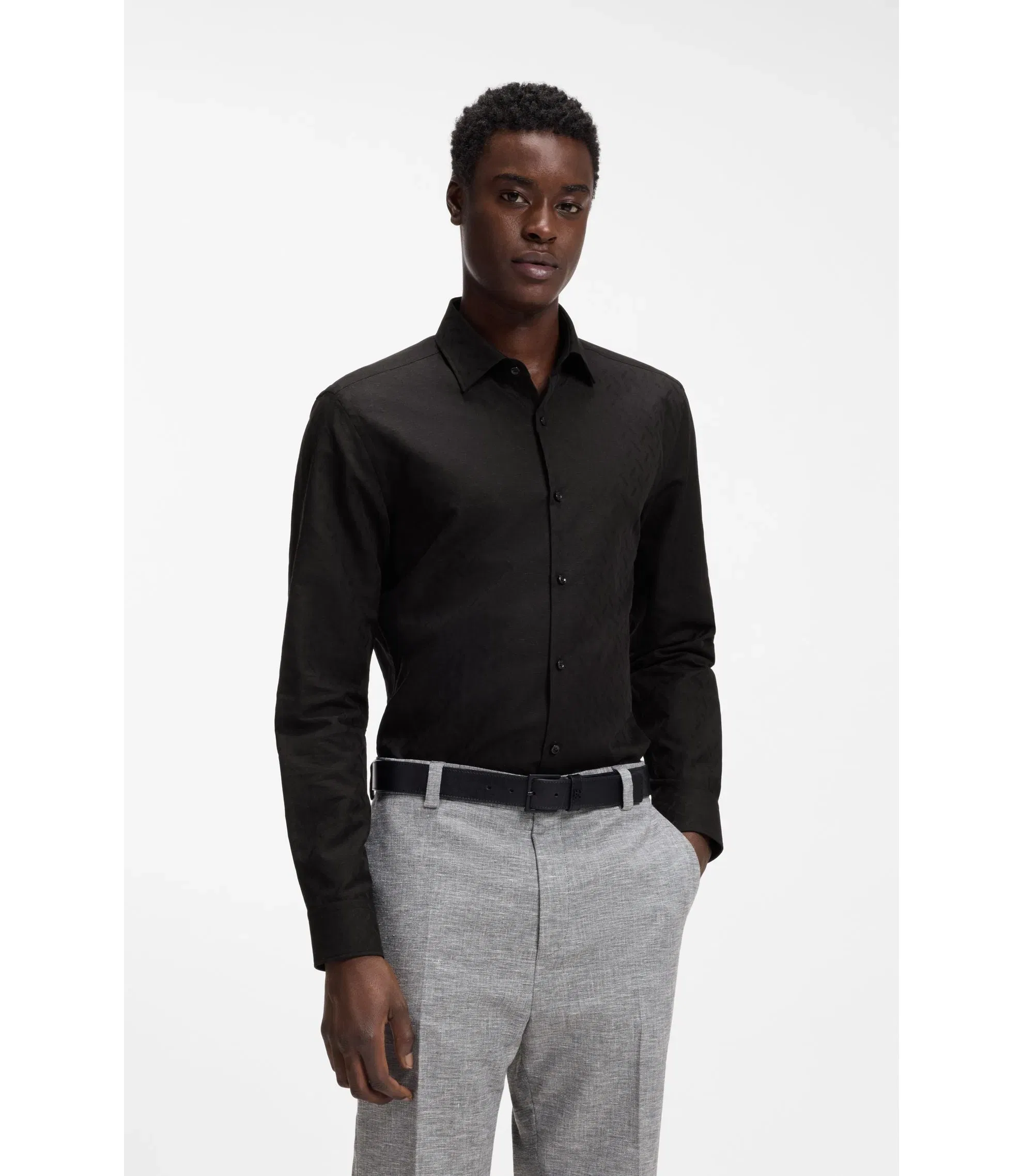 Hugo Slim Fit Shirt In Cotton Linen Jacquard Black