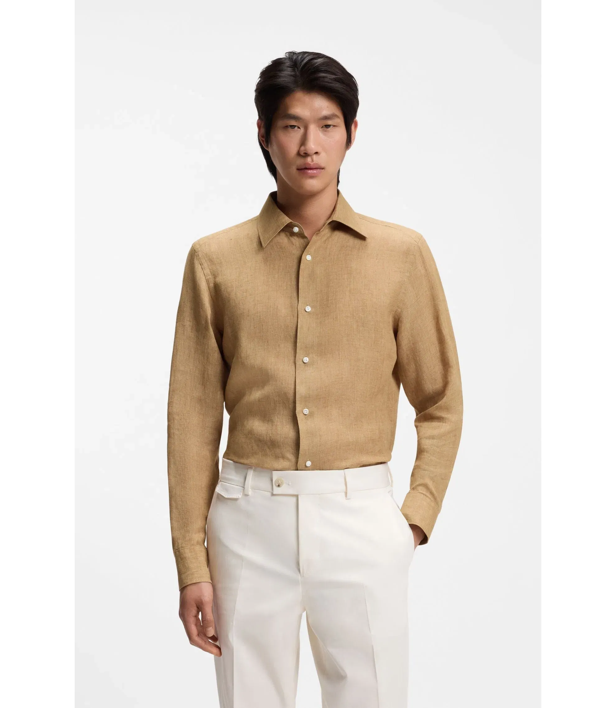 Boss Slim Fit Shirt In Italian Made Linen Beige