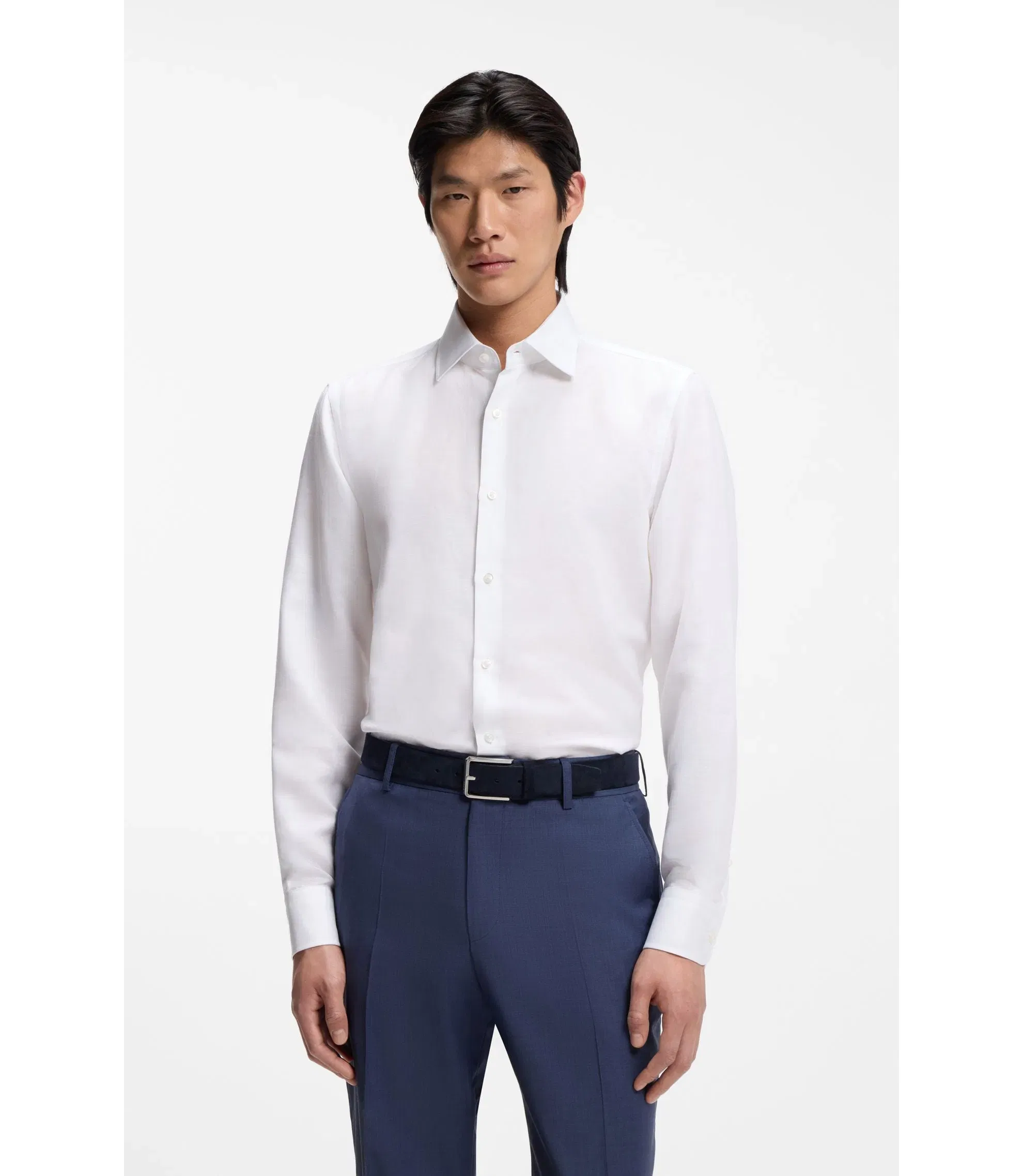 Boss Slim Fit Shirt In Linen Blend Twill White