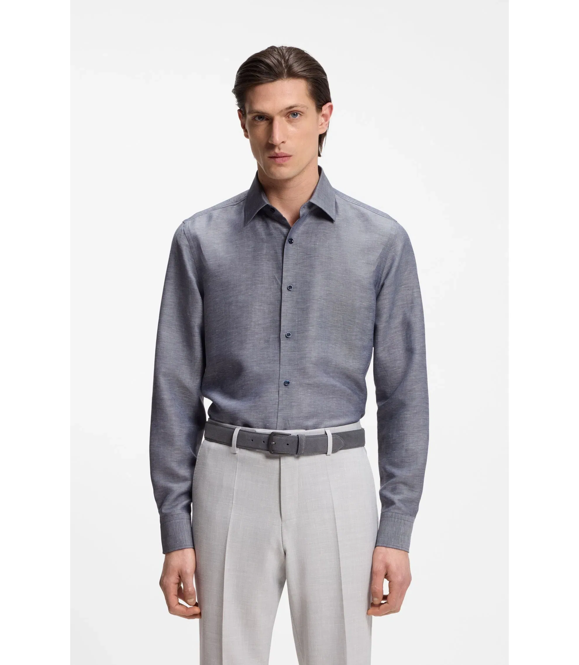 Boss Slim Fit Shirt In Linen Blend Twill Dark Blue