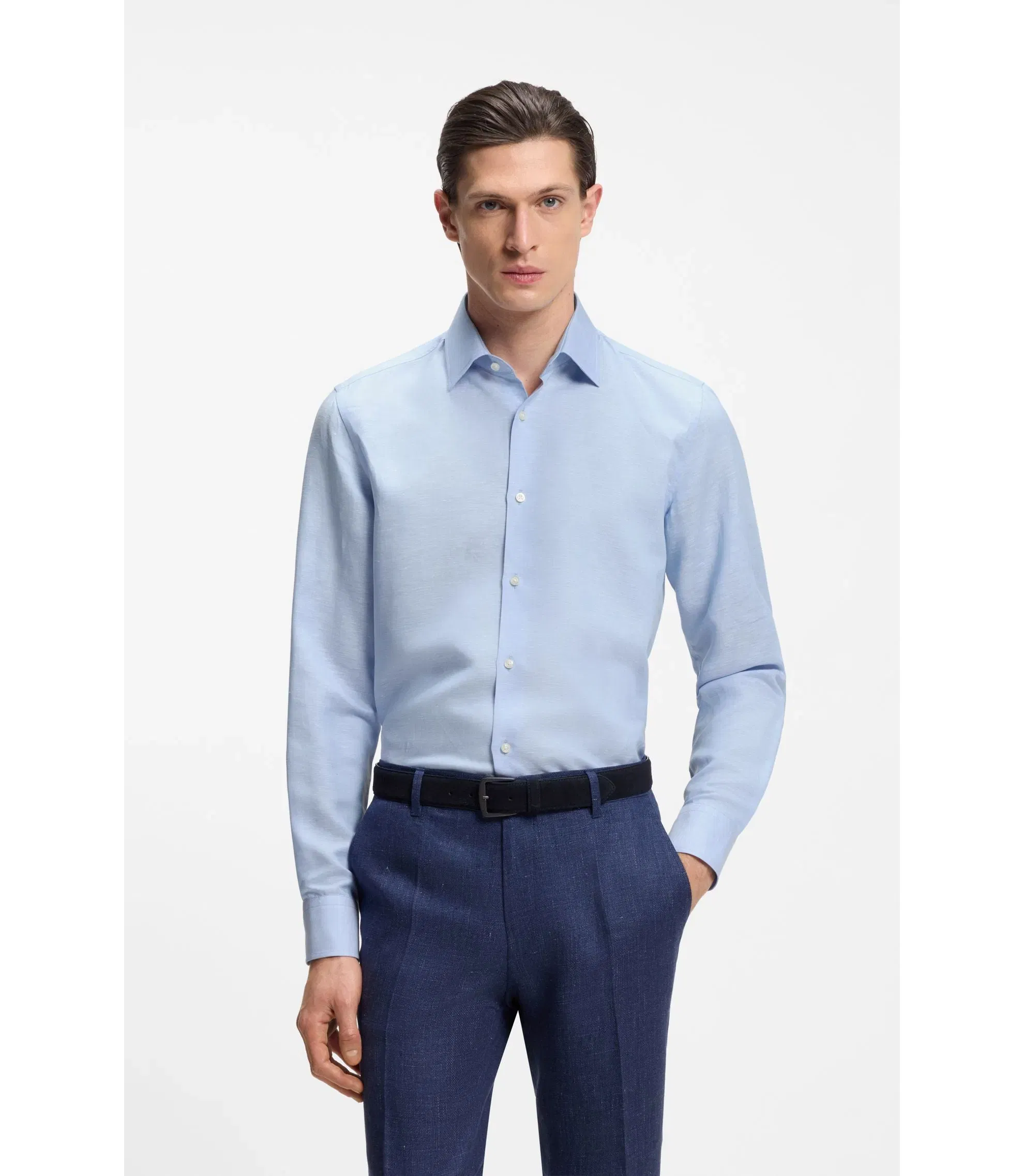 Boss Slim Fit Shirt In Linen Blend Twill Light Blue