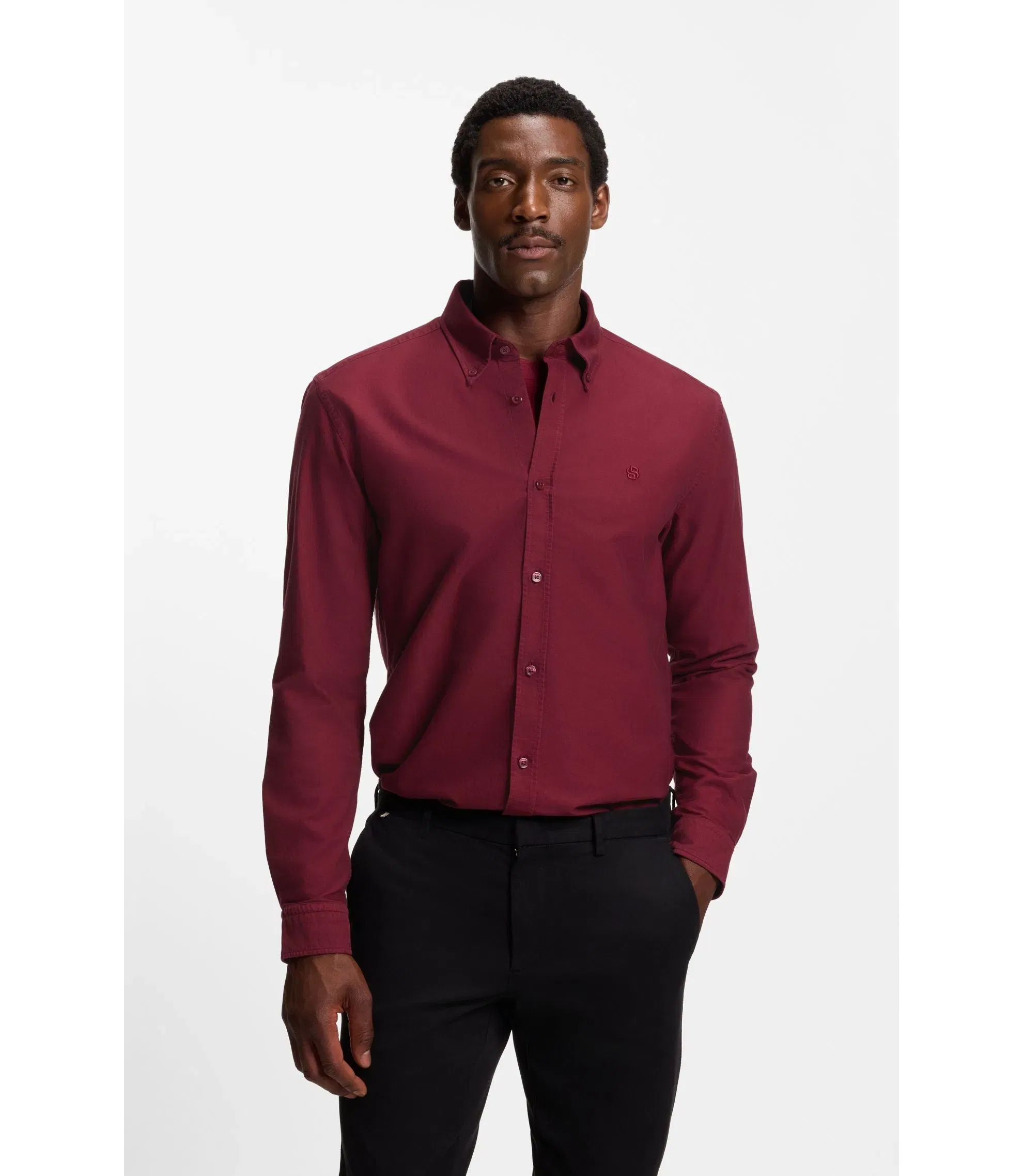 Boss Slim Fit Shirt In Oxford Cotton Dark Red