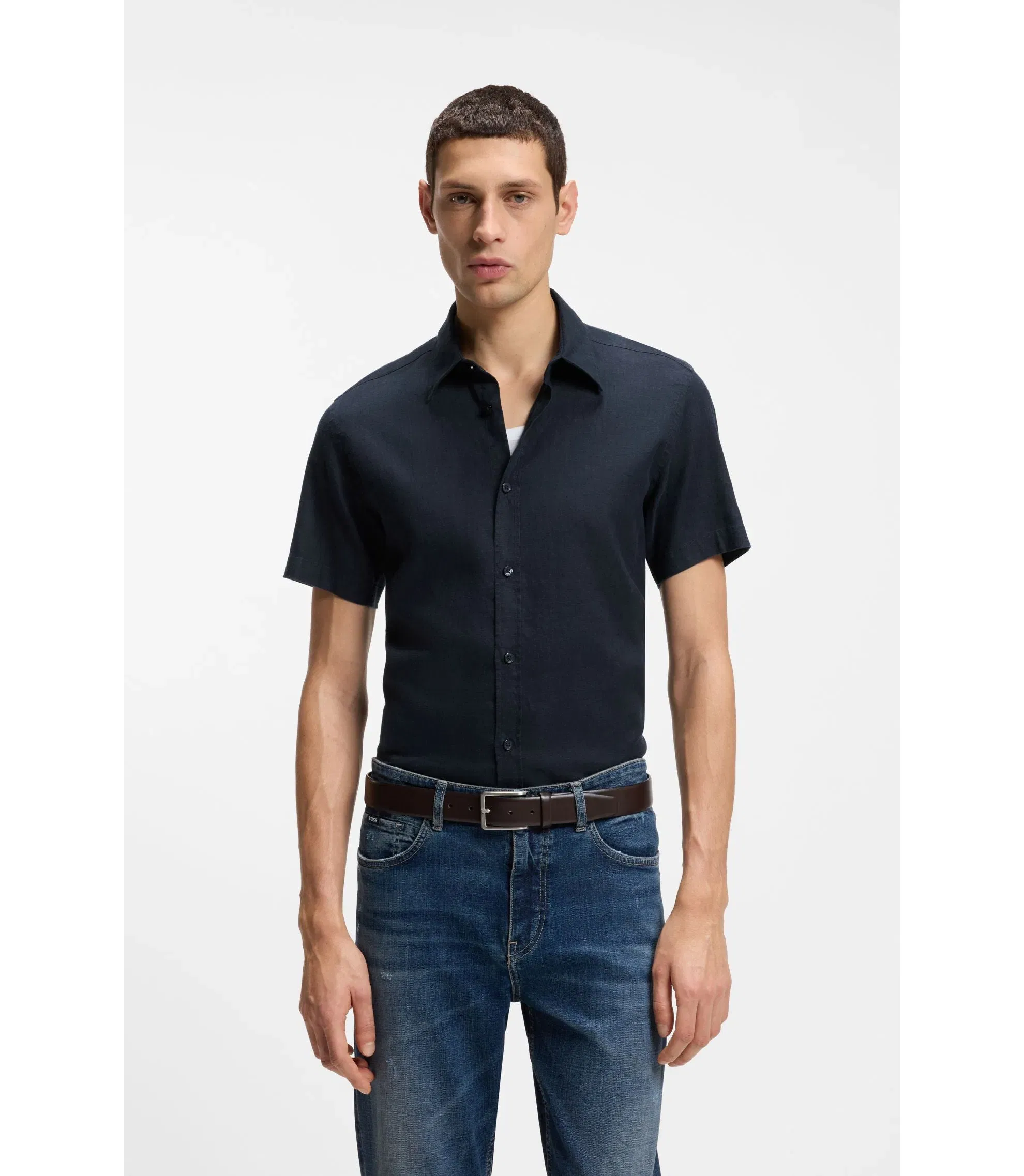 Boss Slim Fit Shirt In Stretch Linen Dark Blue