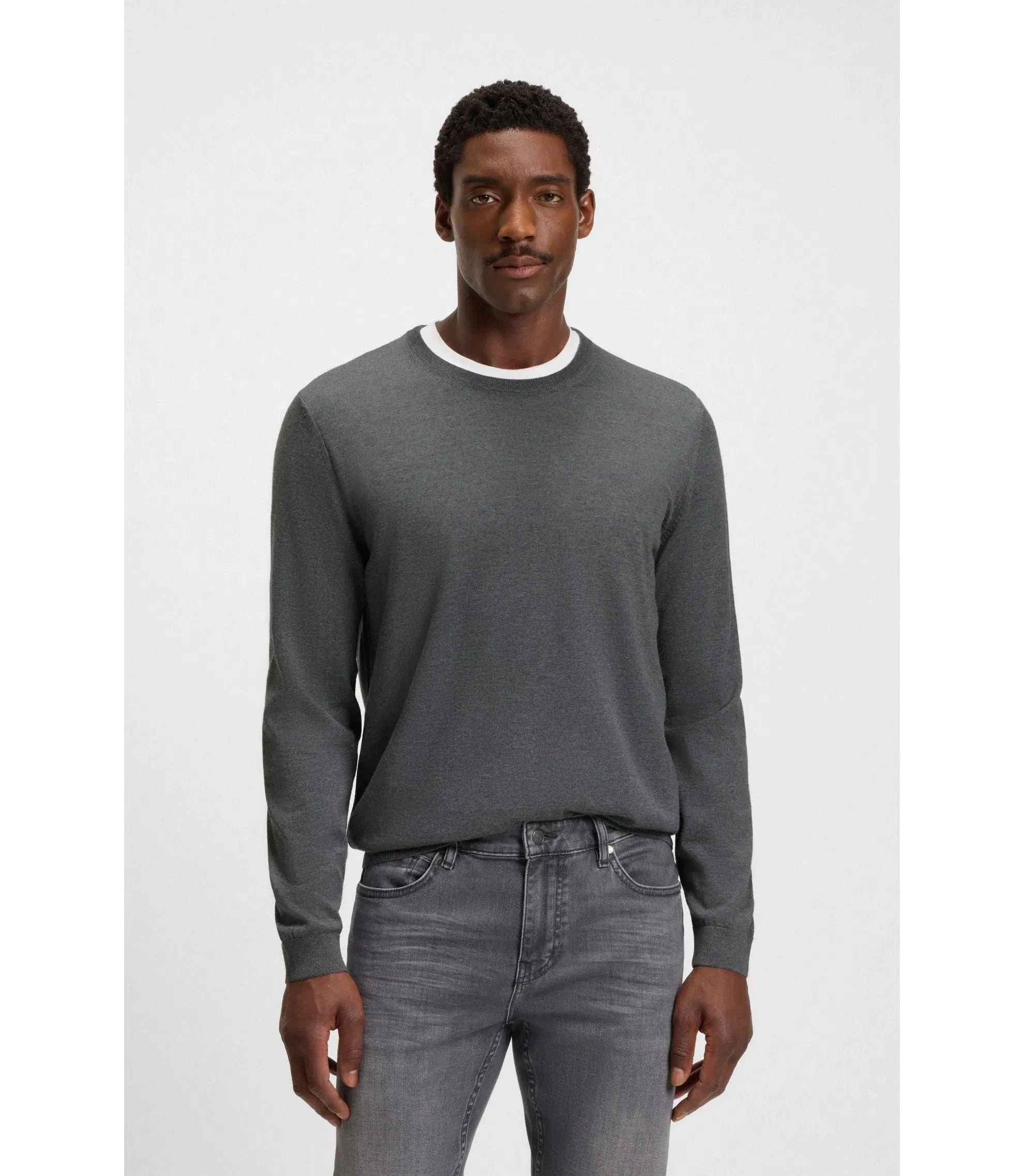 Boss Slim Fit Sweater In Merino Wool Grey