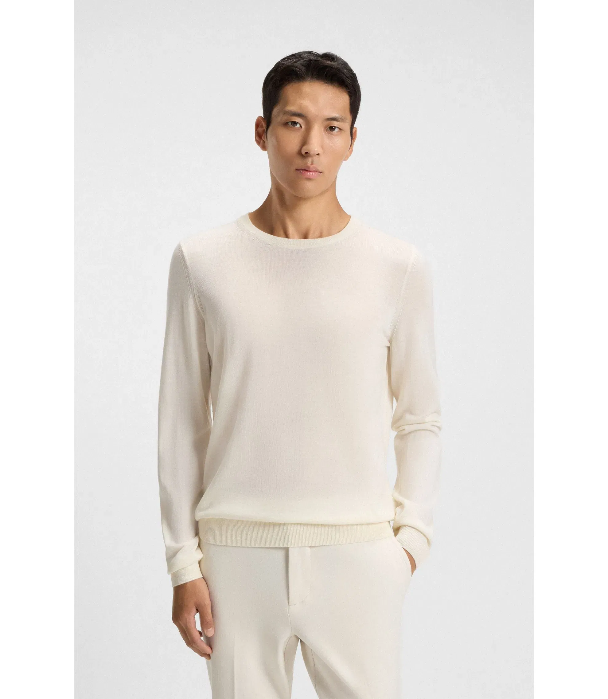 Boss Slim Fit Sweater In Merino Wool White