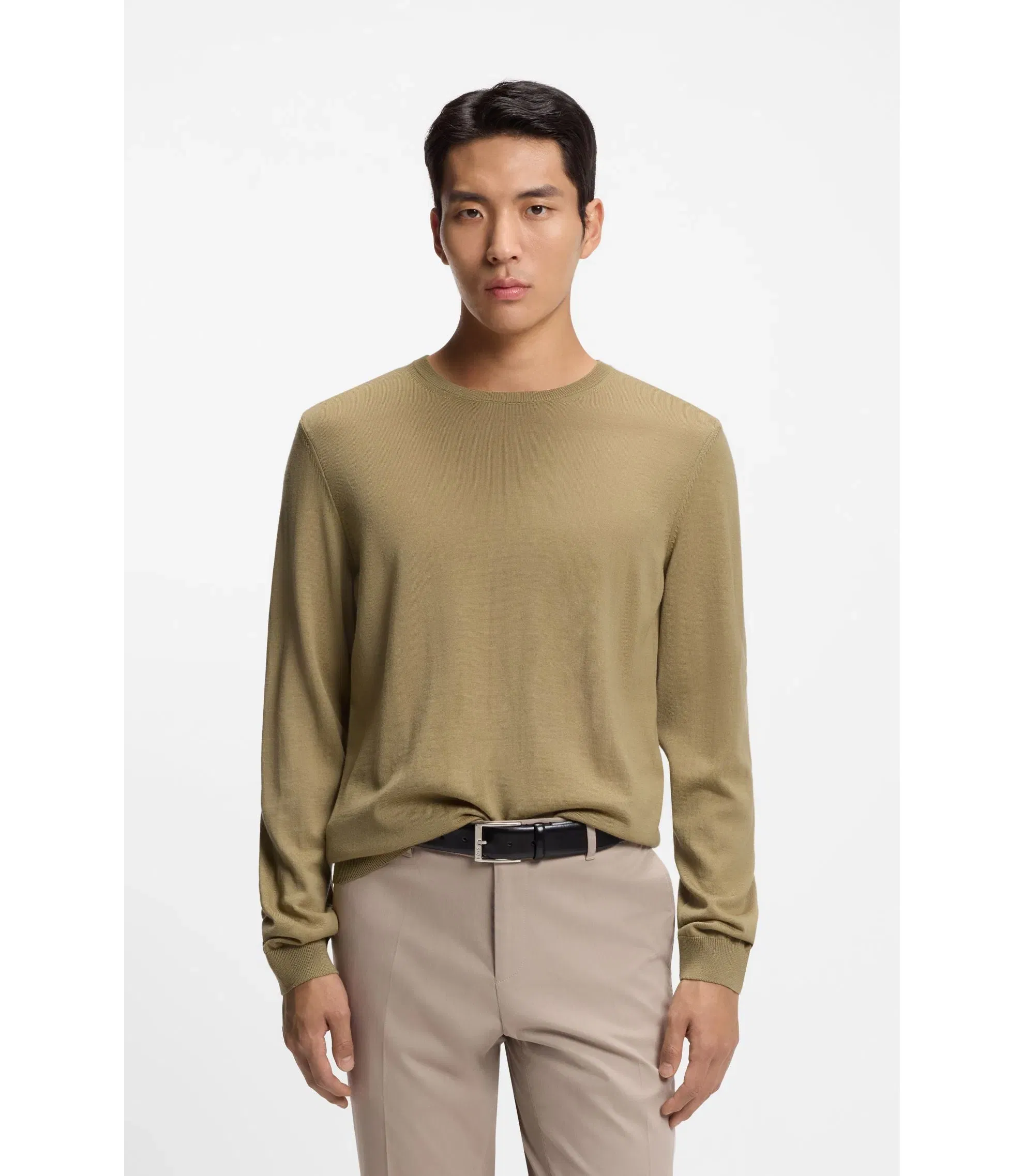 Boss Slim Fit Sweater In Merino Wool Khaki