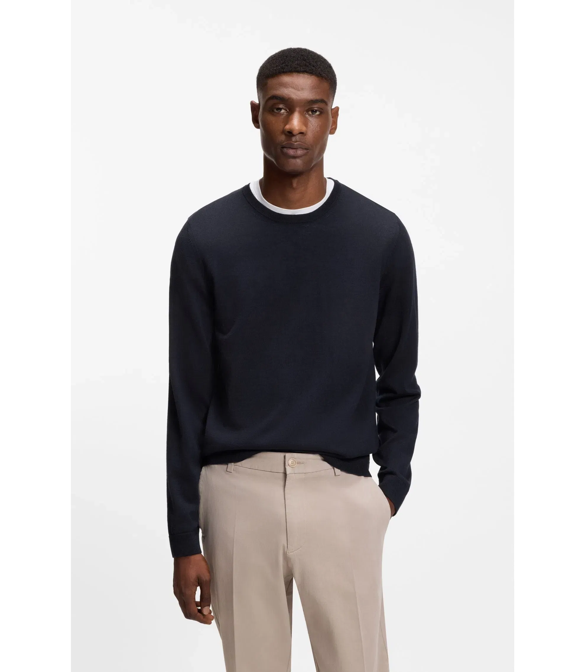 Boss Slim Fit Sweater In Merino Wool Dark Blue